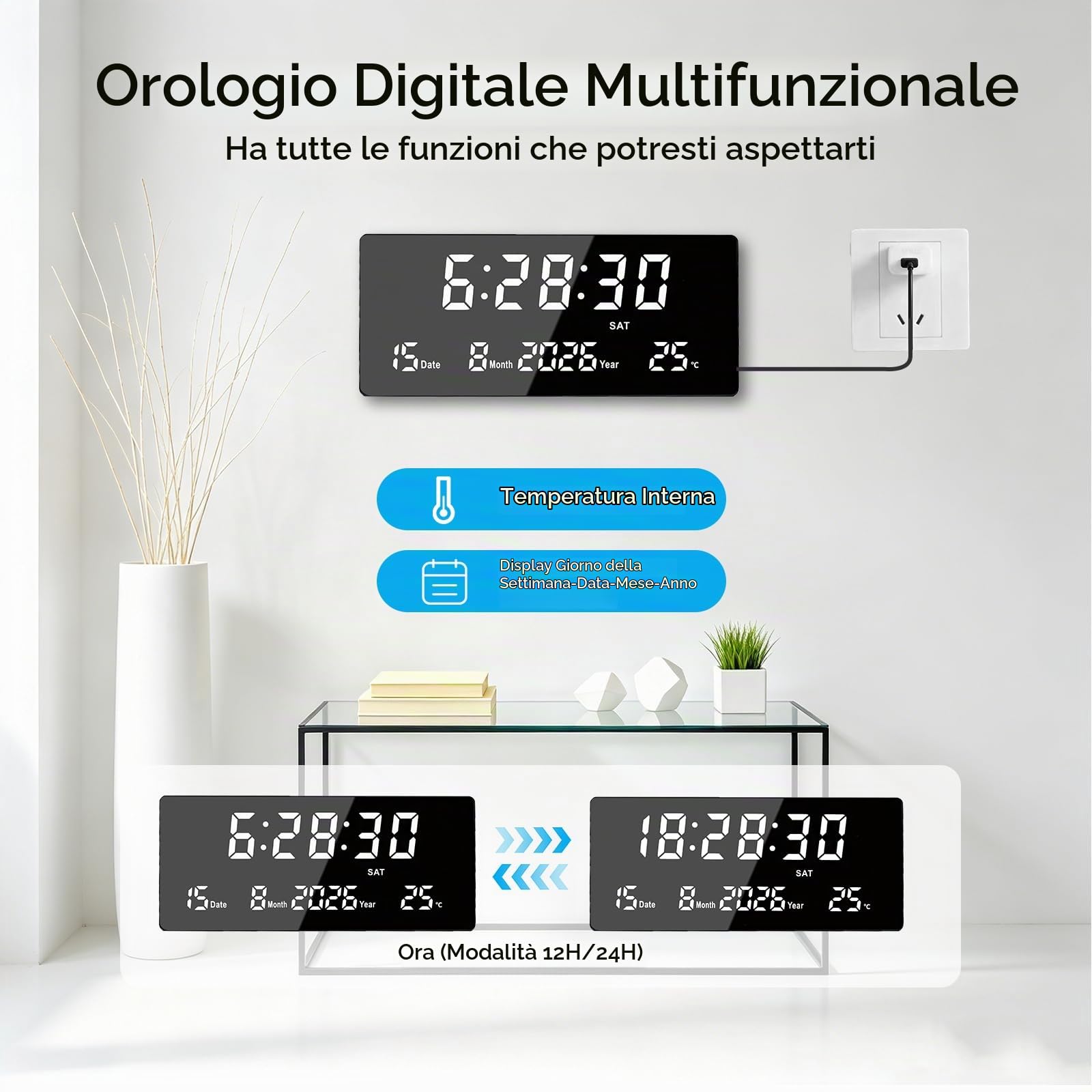 Orologio da Parete LED, 15" Grande Sveglia Digitale Telecomando | 6 Sveglie, Calendario, Temperatura, Data, Settimana, Secondi | Memoria + 3 Luminosità | Orologio da Parete e Tavolo