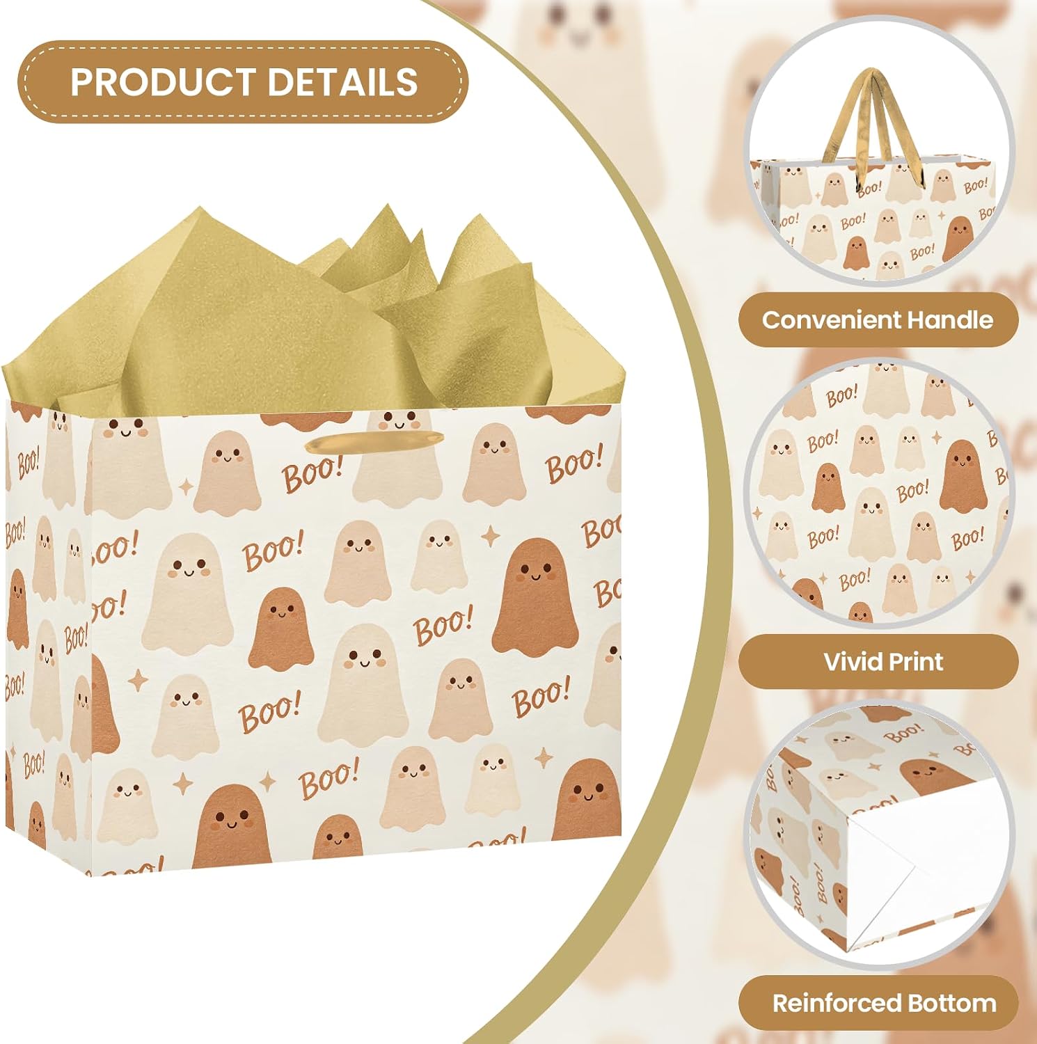 Cute Halloween Ghost Gift Bag Large Boho Boo Wrapping Paper Bags with Tissue Paper and Greeting Card Neutral Gold Spooky Pastel Party Favor Bag for Kids Halloween Birthday Trick or treat image 2