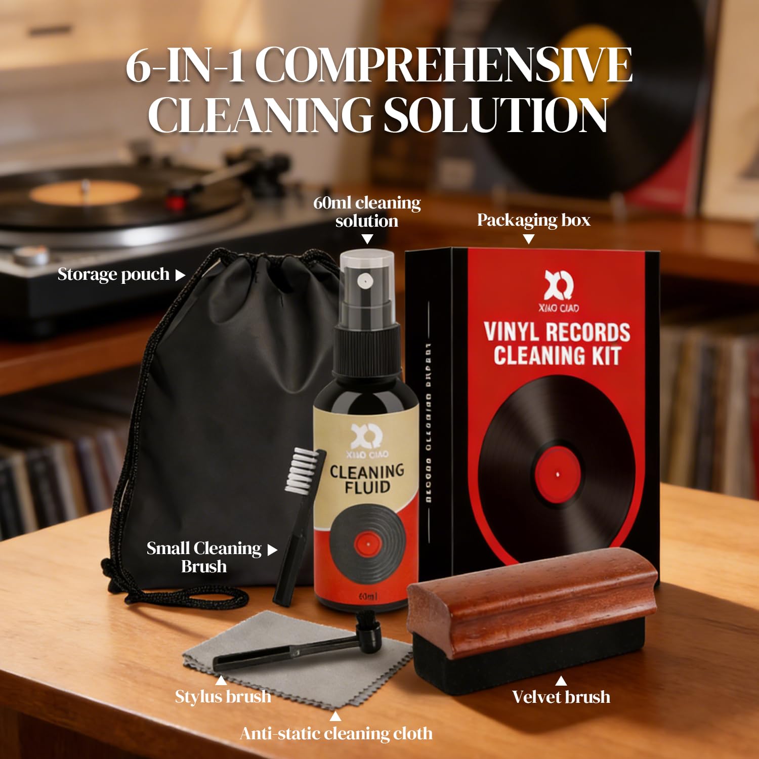XQ XIAO QIAO Kit de limpieza de discos de vinilo 6 en 1, incluye cepillo de terciopelo suave, líquido de limpieza, cepillo para lápiz capacitivo, cepillo de limpieza, paño de limpieza y bolsa de
