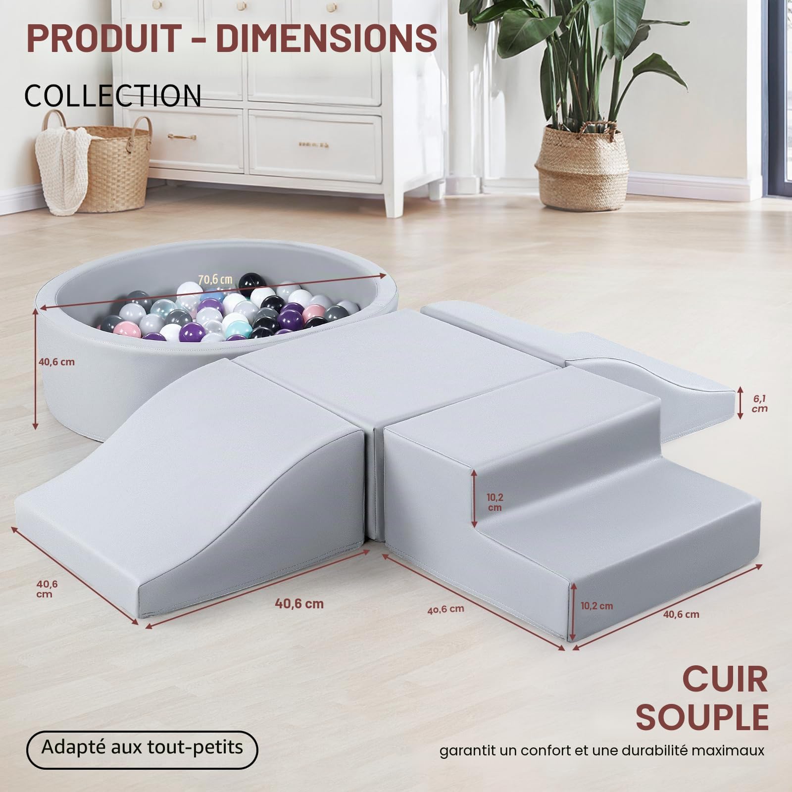 Lot de 5 jouets d'intérieur en cuir synthétique pour bébé avec piscine à balles (sans balles) - Jeu de blocs de construction en mousse - Convient pour les tout-petits - Jouet d'escalade et de ramper