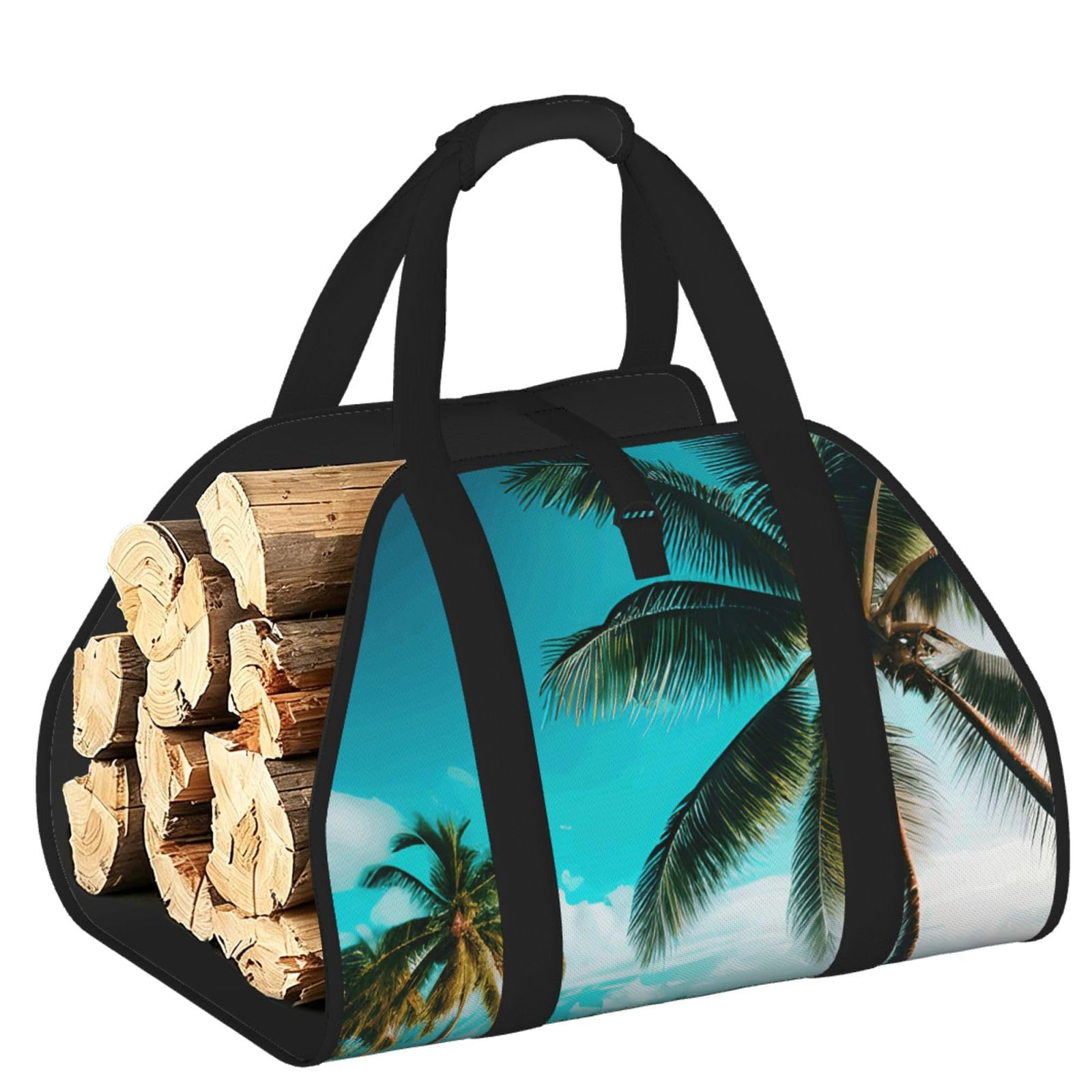Ayyqwe Black Beach Palm Trees Print Firewood Bag Wood Waterproof Versatile Camping Picnic Storage Daily Home