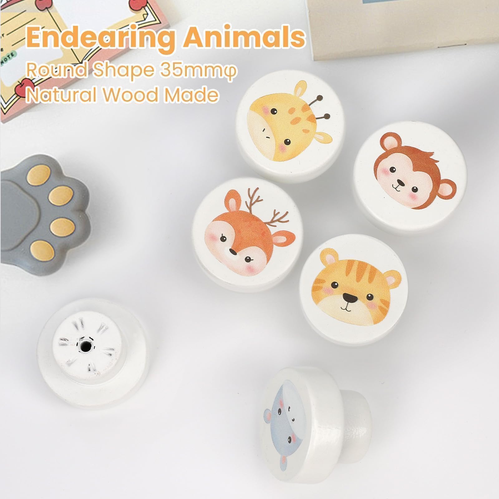 Pomelli in Legno per Armadi e Cassetti, Manopole Bianche 35 mm con Design Animali per Camera Bambini