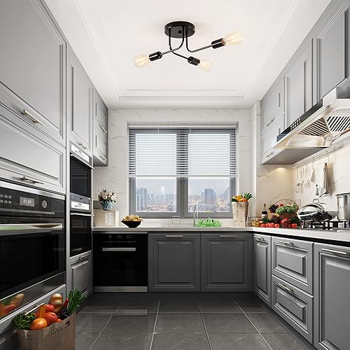 Miniatura 5 de Lámpara de techo industrial semi empotrada con 3 luces de techo con ramas de metal ajustables, soporte E26, pintado en negro, para cocina, sala de