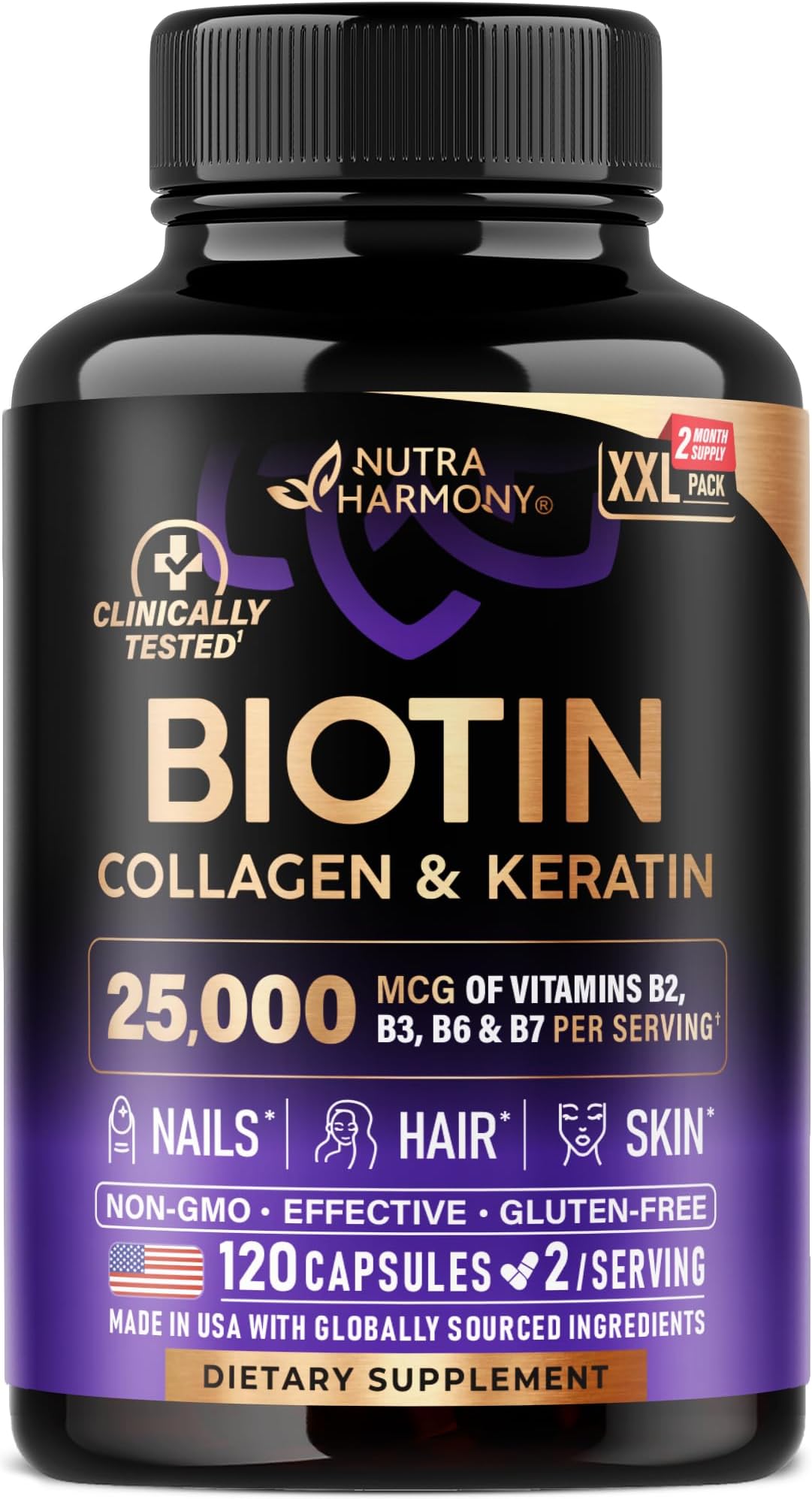 Biotin | Collagen | Hyaluronic Acid | Keratin - Support Normal Hair Growth Cycle, Skin & Nails - Clinically Tested - 25000mcg Vitamins B1, B2, B3, B6 & B7 - for Women & Men - Made in USA, 120 Capsules
