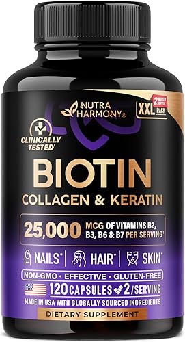 Biotina Colágeno Ácido hialurónico Queratina - Suplemento clínicamente probado - Apoyo al crecimiento del cabello, piel y uñas - 25000 mcg de