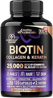 Biotin | Collagen | Hyaluronic Acid | Keratin - Clinically Tested Supplement - Hair Growth Support, Skin & Nails - 25000 mcg Vitamins B2, B3, B6 & B7 + B1 - Made in USA - Women & Men | 120 Capsules