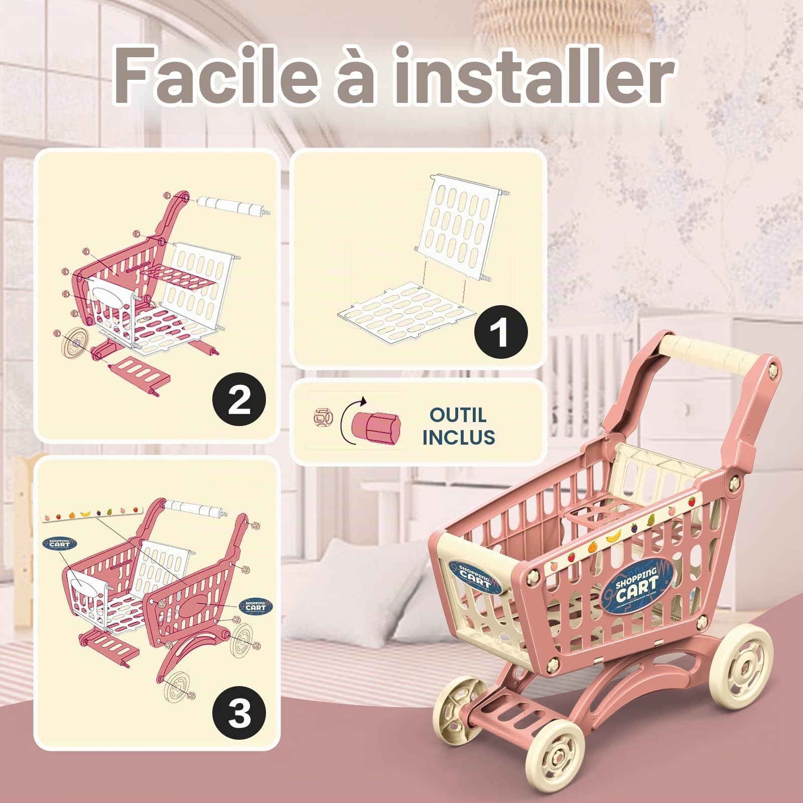 RedCrab Chariot de Courses Enfant, Jeu de Chariot de Courses Comprenant 64 Pièces Accessoires de Magasin, Cadeau de Jouet Éducatif