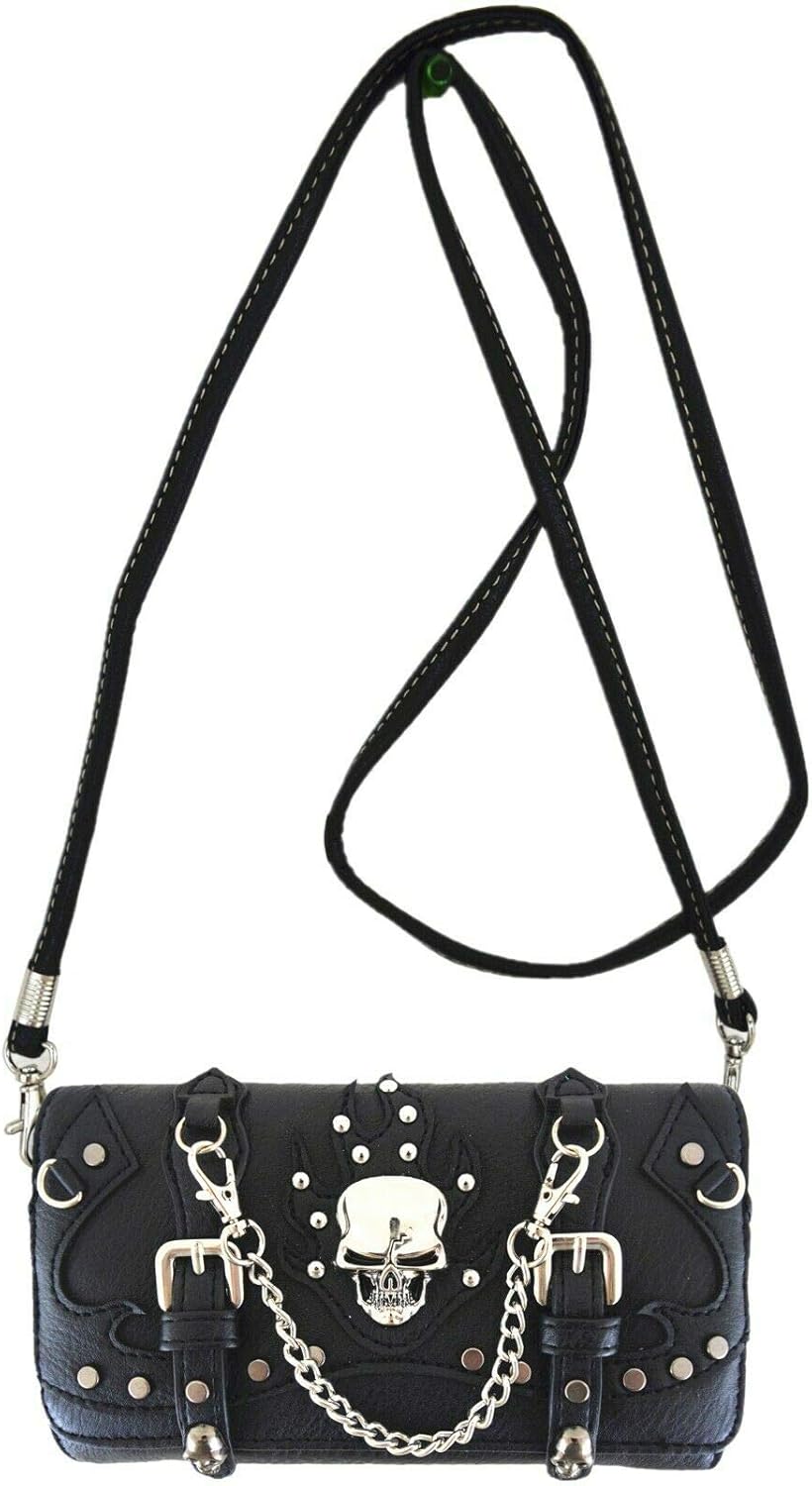 Punk Gothic Rock Metallic Skull Studded Chain Women Wristlet Removable Shoulder Strap Trifold Wallet Black - Image 2