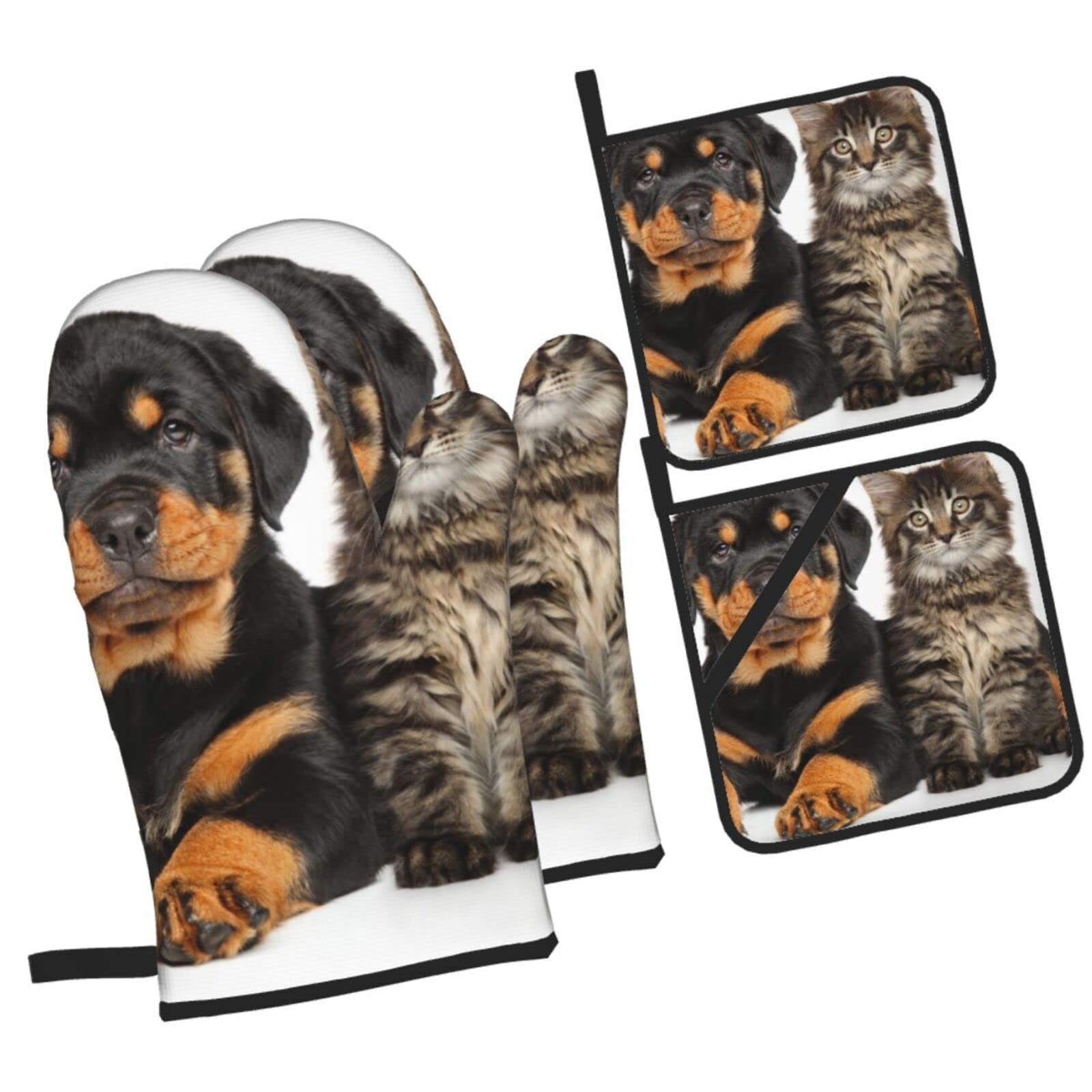 Puppy and Cat Oven Mitts and Pot Holders Sets, Christmas Oven Mitt Kitchen Heat Resistant Non-Slip Pot Holders Set for Cooking Baking BBQ