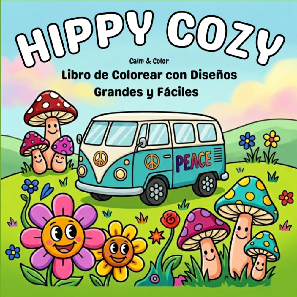 Hippy Cozy: Libro de Colorear con Diseños Grandes y Fáciles: 40 páginas sencillas para adultos y niños. Diseños hippies y aesthetic para relajarse, aliviar el estrés y pintar con rotuladores.