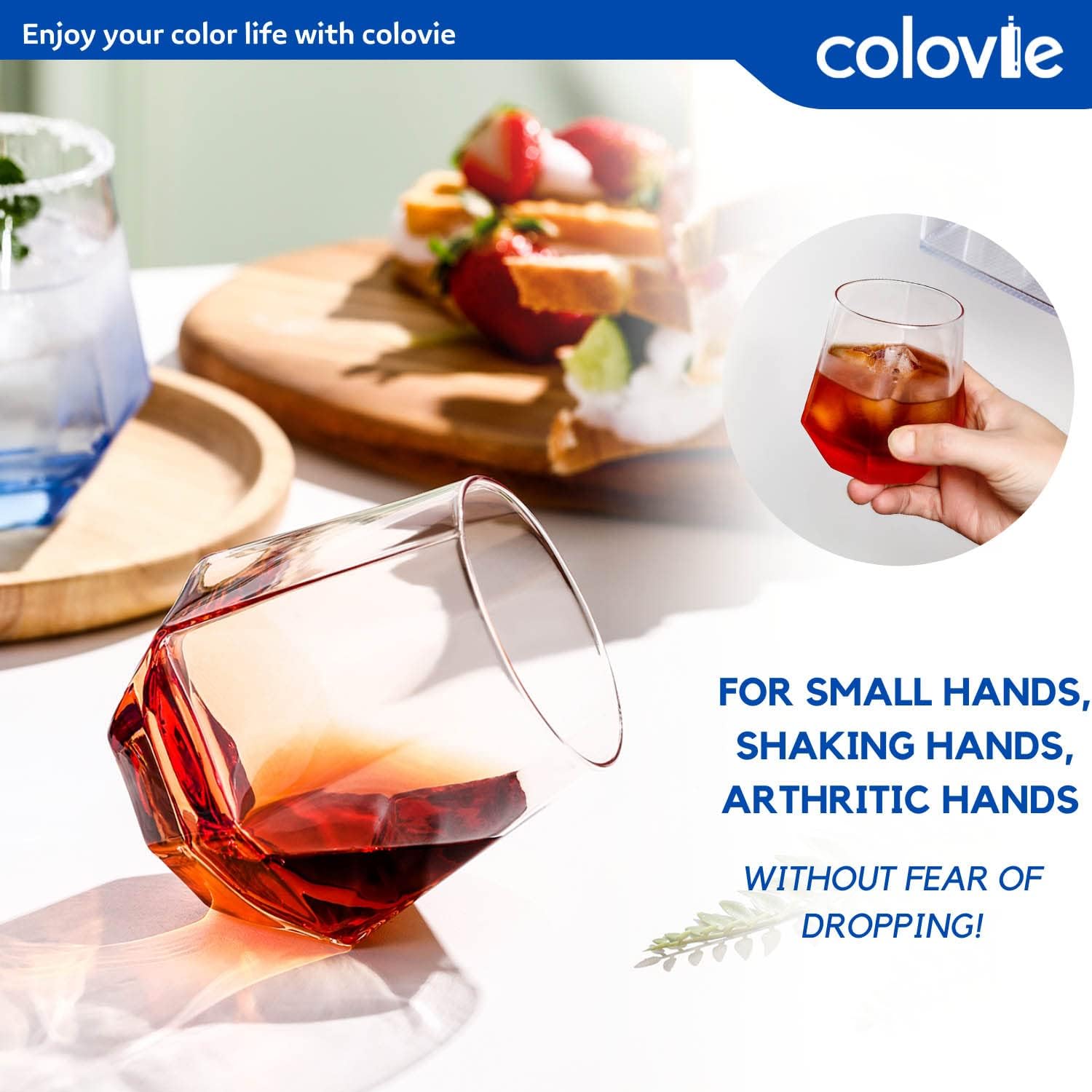 ColoVie Colored Wine Glasses Set, Stemless Wine Glasses Set, Colorful Short Wine Tumbler, Cocktail Glasses, Old Fashioned, Colorful Drinking Glassware