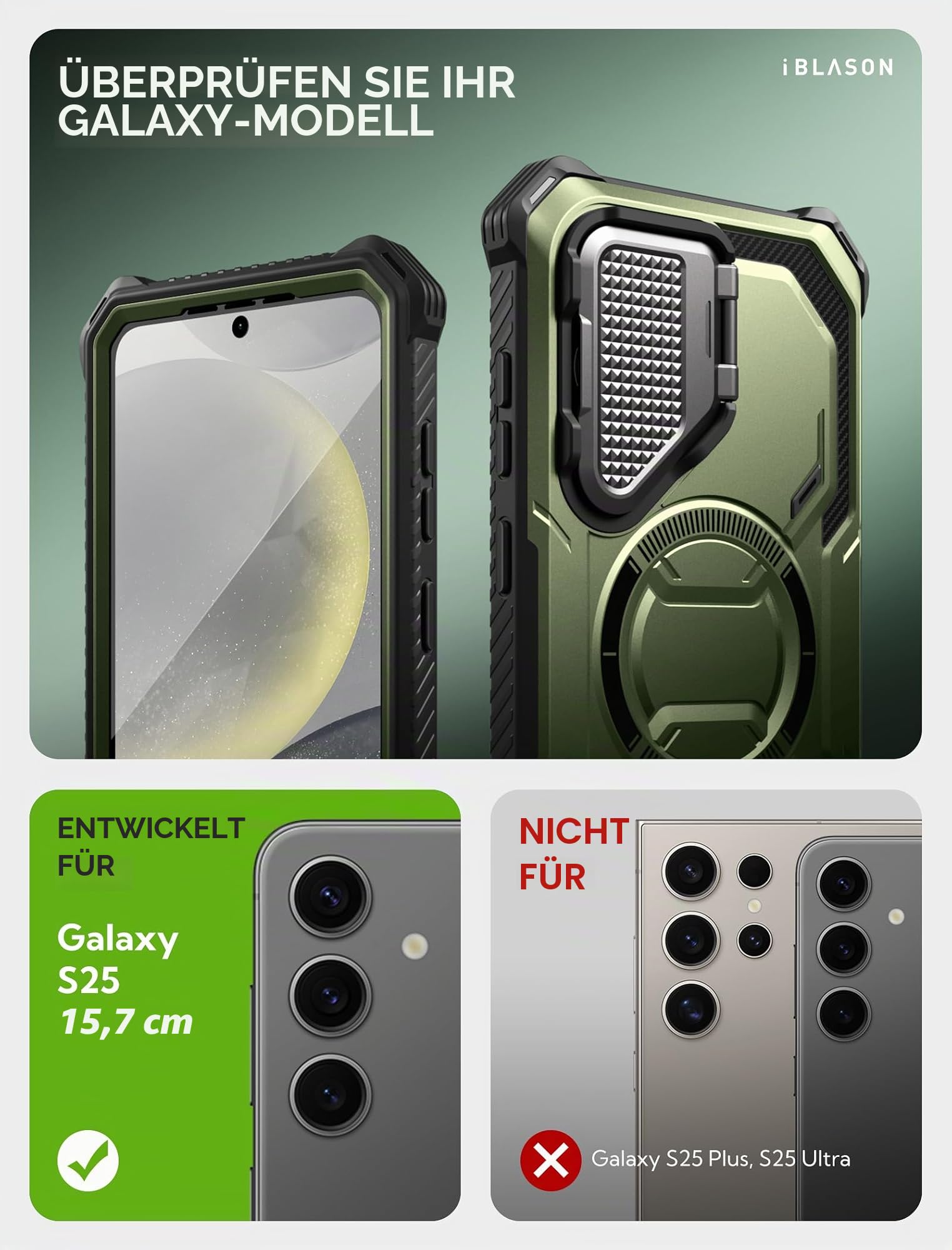 i-Blason Armorbox für Samsung Galaxy S25 Hülle Magsafe mit Kameraschutz Bumper Case 360 Grad Handyhülle Robust Schutzhülle mit Displayschutz und Ständer für Galaxy S25 2025 (Grün)