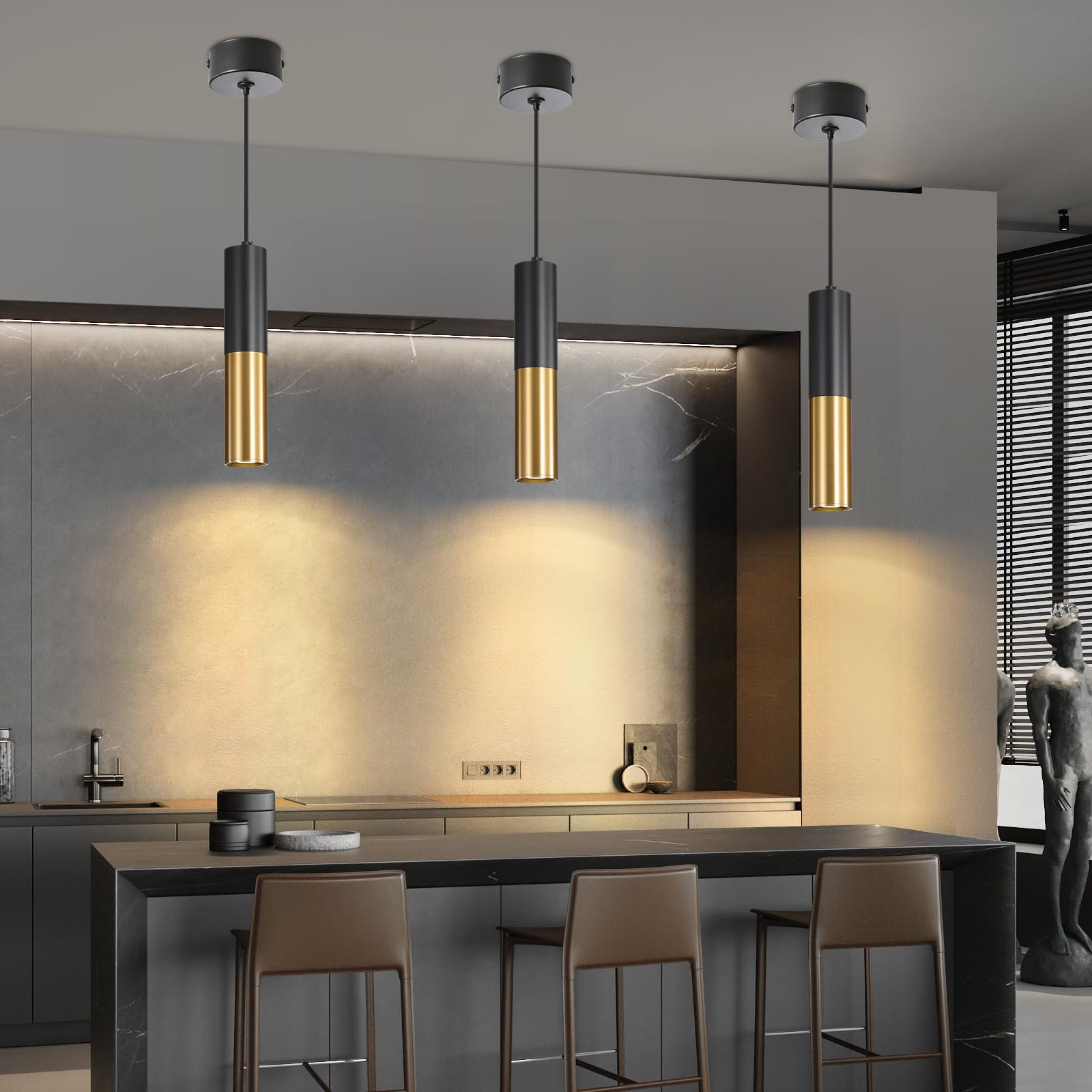 Mikeru Nowoczesna lampa wisząca LED, 3000 K/4500 k/6500 K, trójkolorowa lampa wisząca do sypialni, 30 cm, czarny + złoty żyrandol do lampy wiszącej, wyspy kuchennej, jadalni, biura i baru (3 sztuki)
