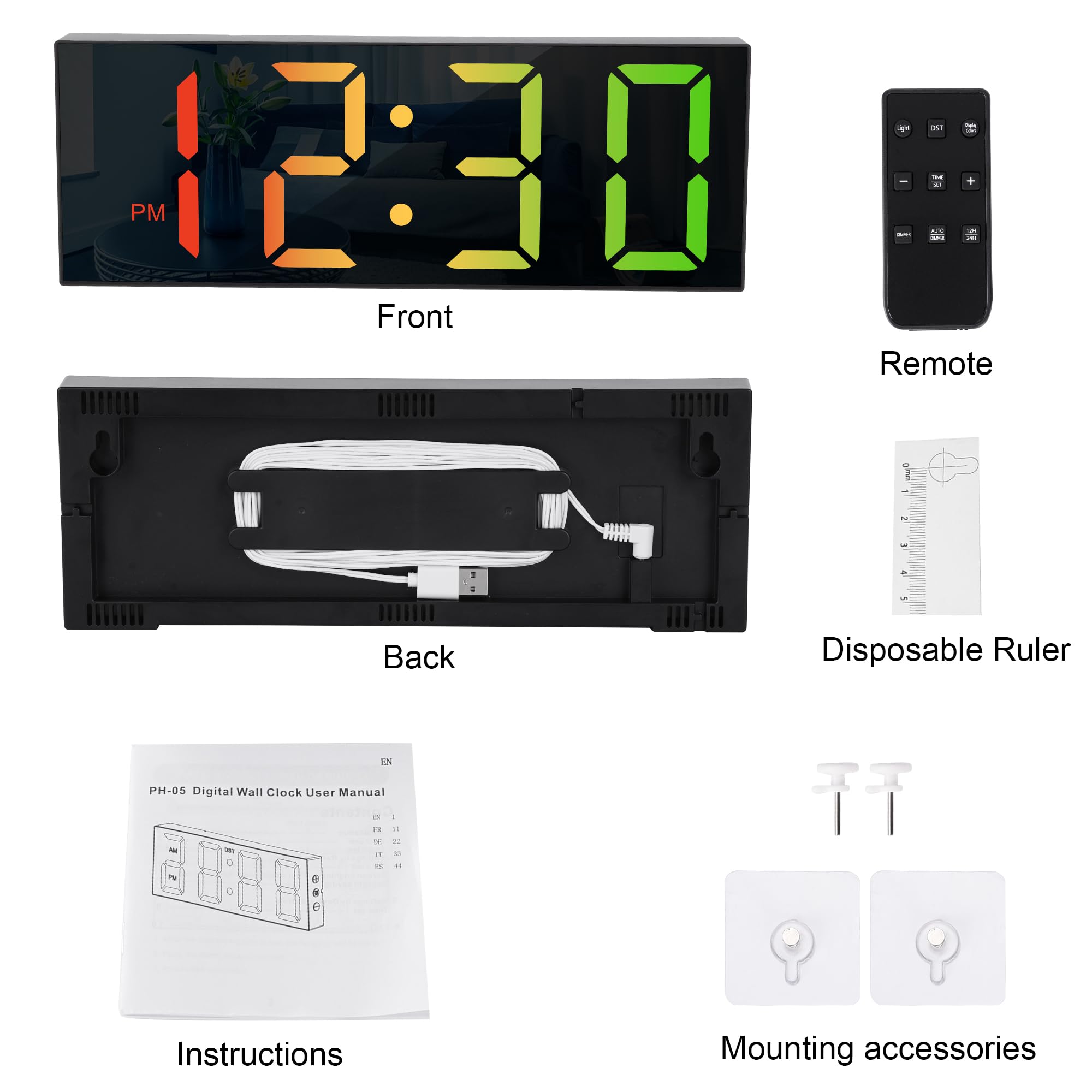Sukeen Horloge Murale numérique avec veilleuse, Grande Horloge Murale numérique de 30 cm avec télécommande/Grand écran/8 Couleurs/variateur réglable, Horloge Murale Noire pour Chambre, Salon, école