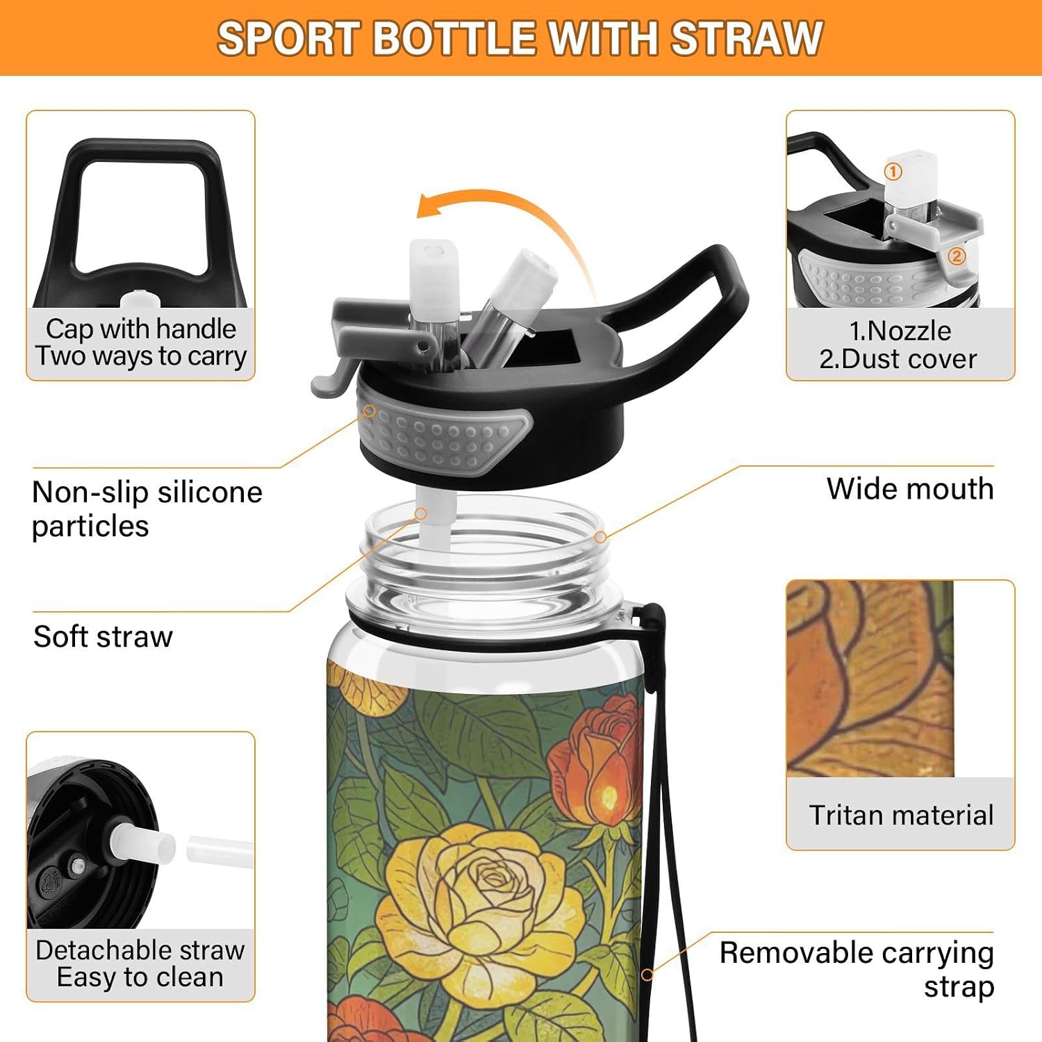 30 oz Vintage Leaves and Flowers Stained Glass Designed transparent sports water bottle for diary Unique design decor college Office Travel Home