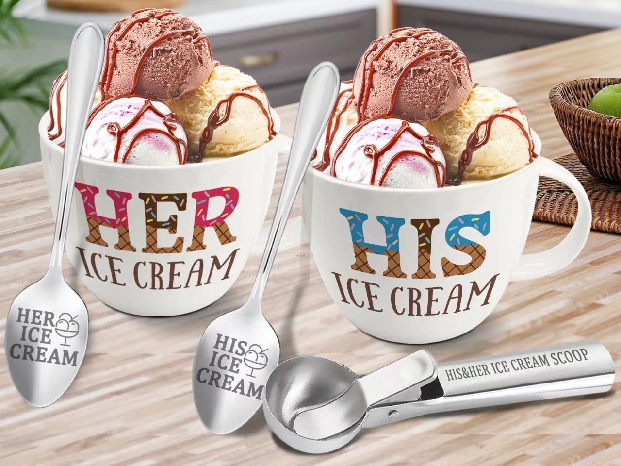 Anniversary Couple Gift Ice Cream Bowls and Spoon Scoop Set, His and Hers Gifts, Mothers Day Couples His Her Ice Cream Accessories Bowl Present, Unique Wedding Gift 2025 for Friends