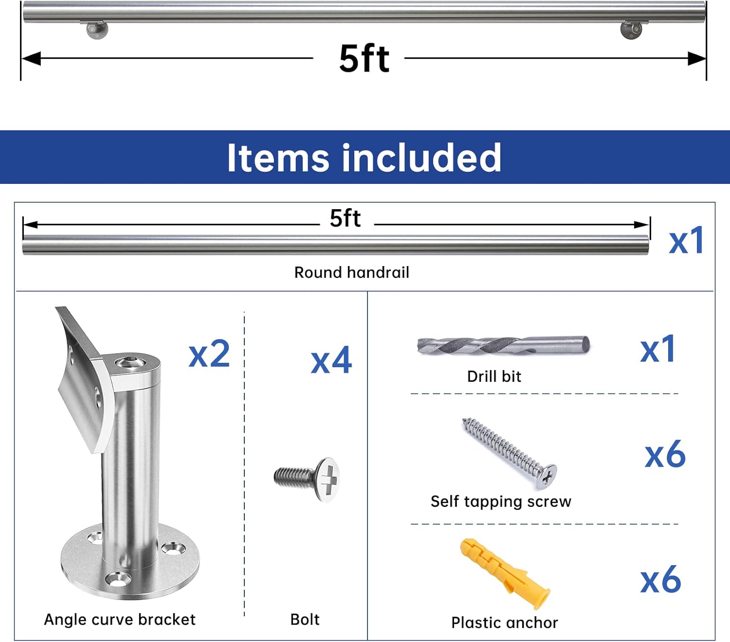Muzata 5ft Stair Handrail Wall Mounted Handrail 2'' OD Pre-drilled Brushed Stainless Steel Safety Hand Rail Indoor Outdoor Stair Hand Railing Wood Concrete Brick Wall Stairs HK27 SL4, HR5 HR0 - - 