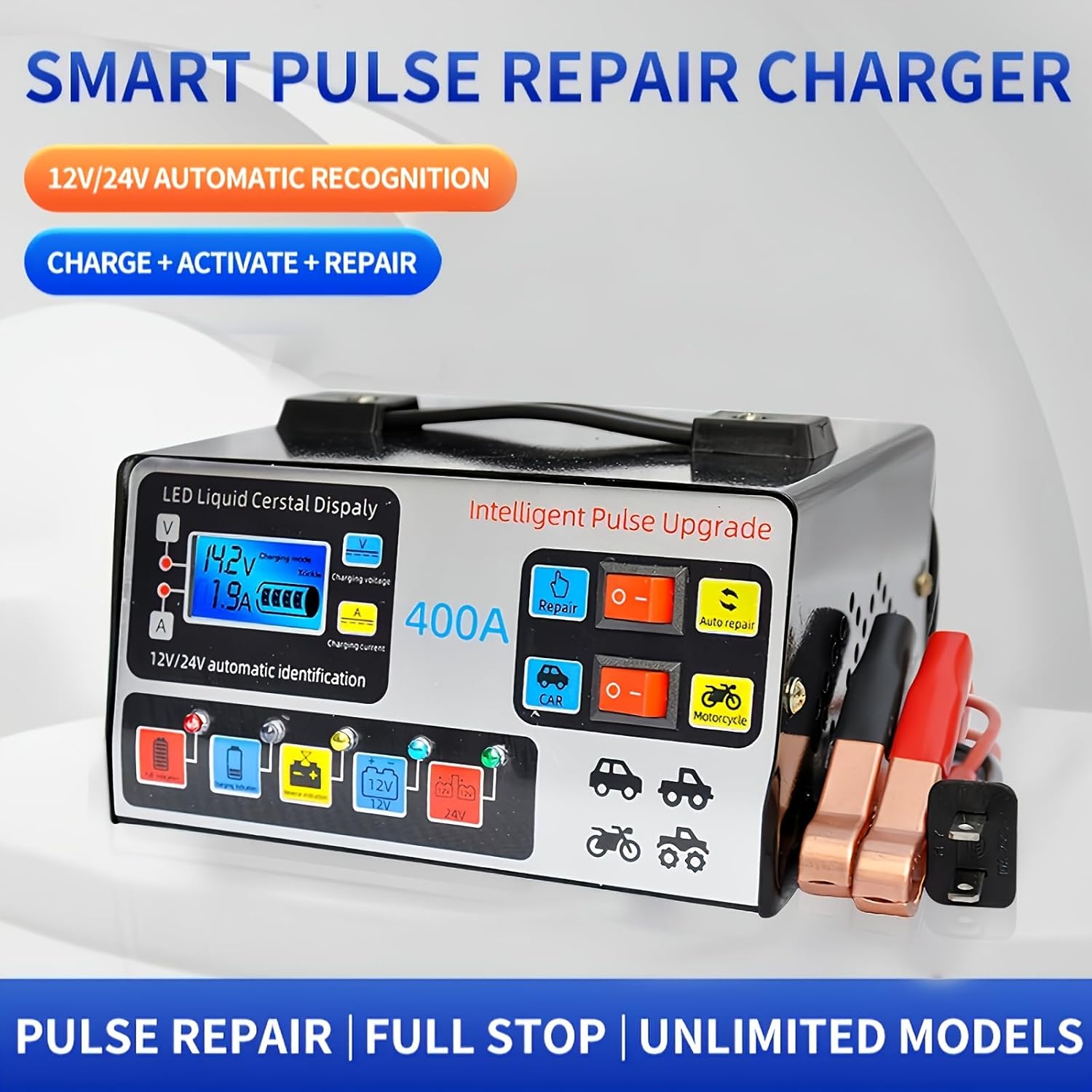 Car Battery Charger with Smart Pulse Repair for 12V/24V Battery for Car, Motorcycle, Truck and More