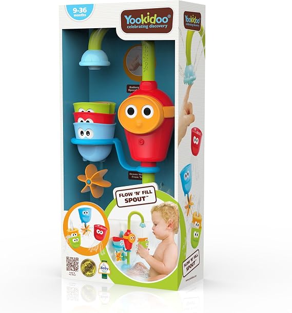 Yookidoo Toddler Bath Toy - Flow N Fill Spout - Three Stackable Play Cups and Water Spray Spout For Kids Bathtime Fun
