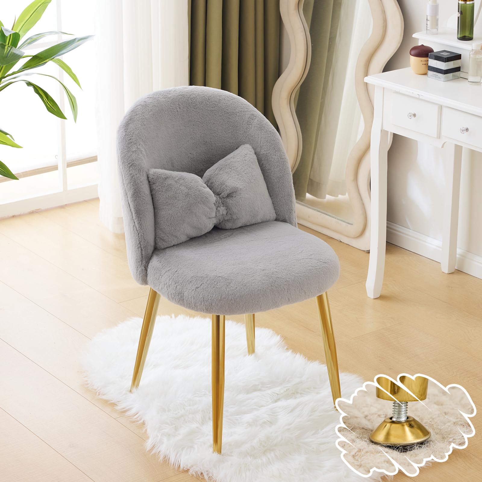 Bonnlo Girls Vanity Chair, Cute Small Cozy Desk Chair No Wheels, Grey