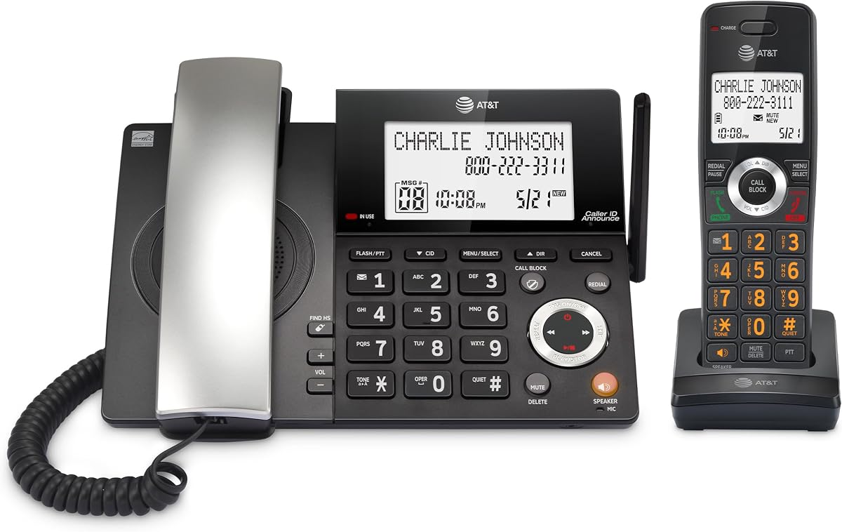 CL84118 Teléfono DECT 6.0 con cable/inalámbrico | Funciona durante cortes de energía, bloqueador inteligente de llamadas, contestador automático, anuncio de identificador de llamadas, botones grandes