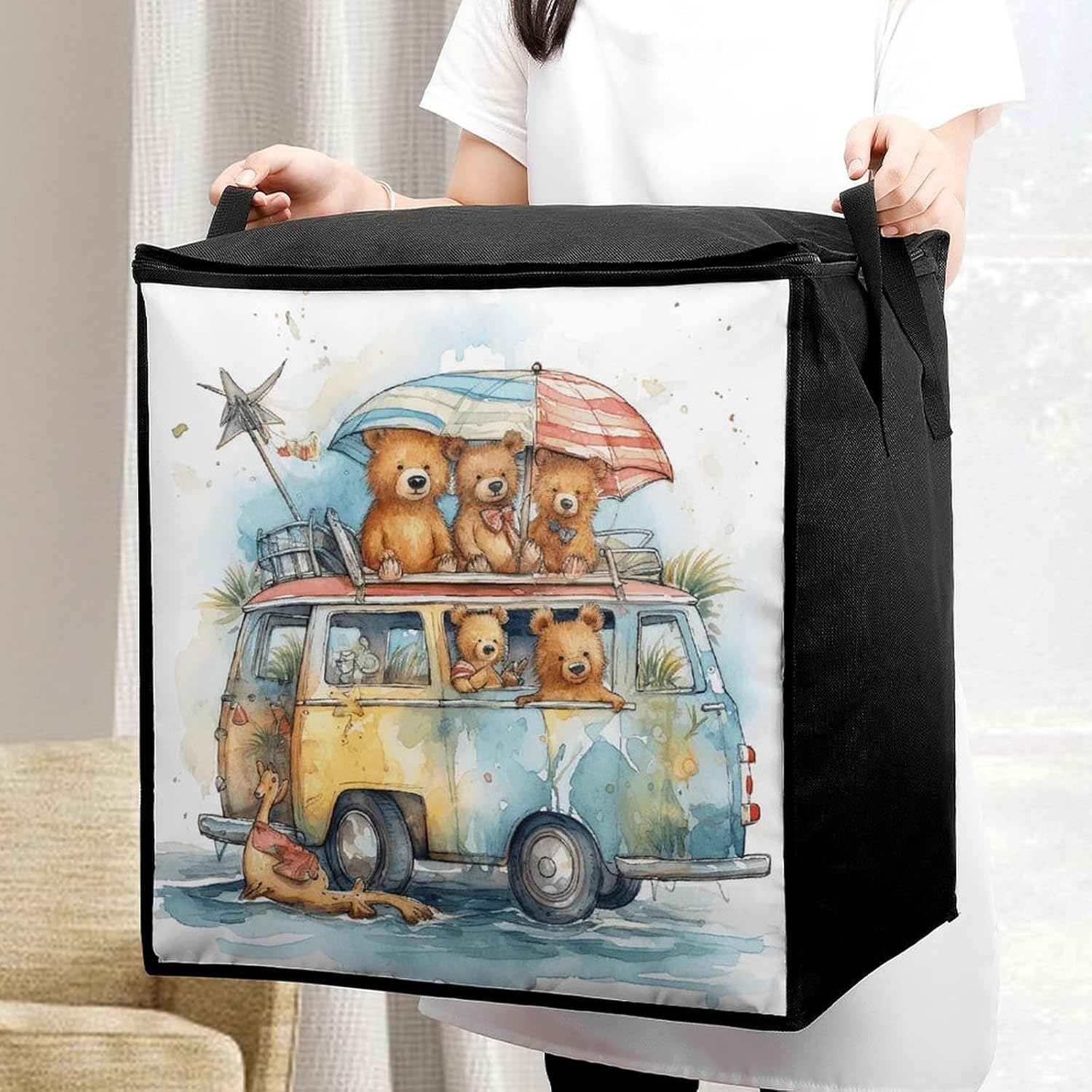 Portable Quilt Storage Bag,Truck And Bear Printed Foldable Wardrobe Storage Box Foldable Storage Bag with Lids And Handle Large Clothing Storage Bag for Comforters Clothes Blankets Pillows