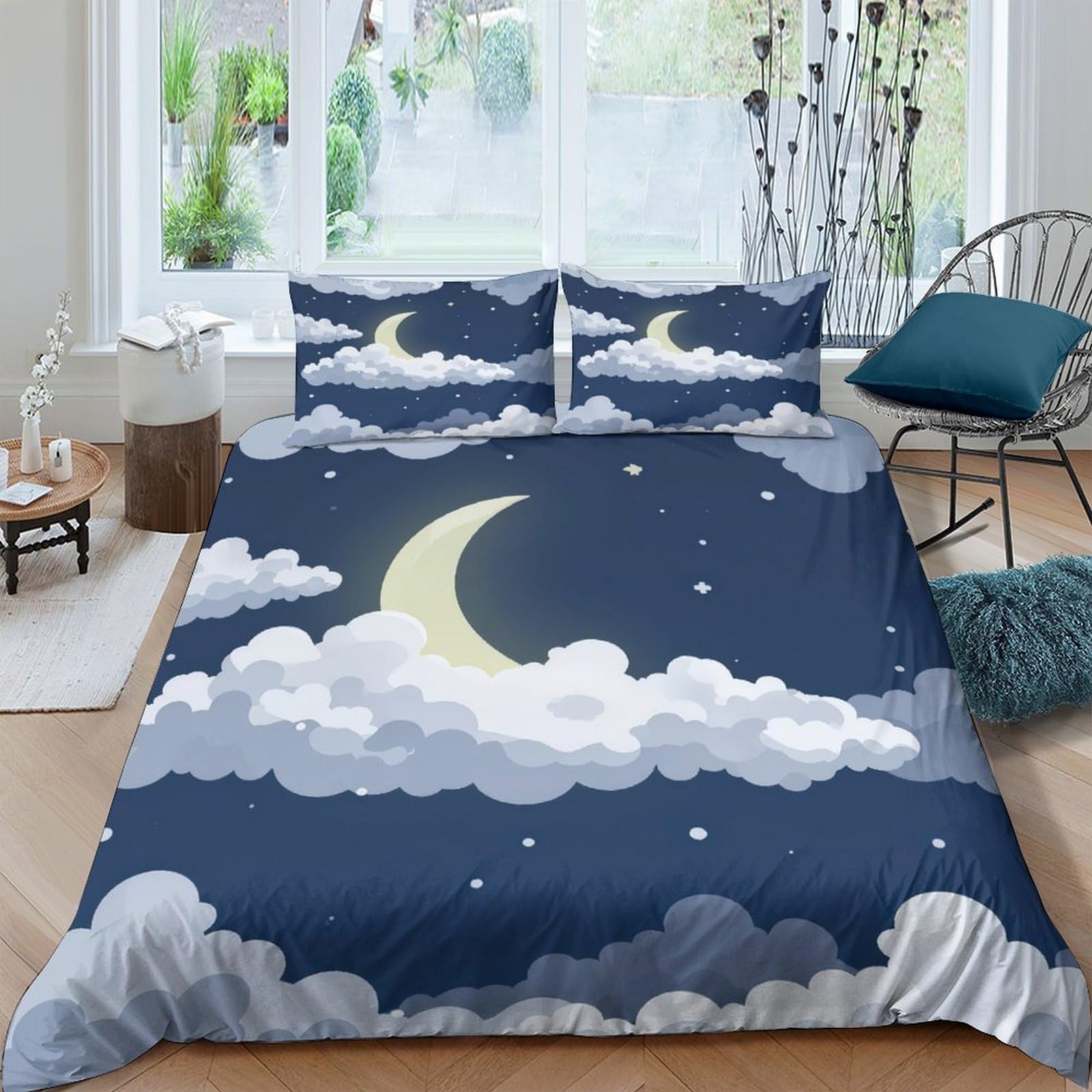 Ctjqhvkz Style-10 3D Printed Night Sky Fitted Sheet Microfiber Soft Blue Moon Clouds Bed Cover Bedroom Dorm Mattress Protector Single（135X200cm）