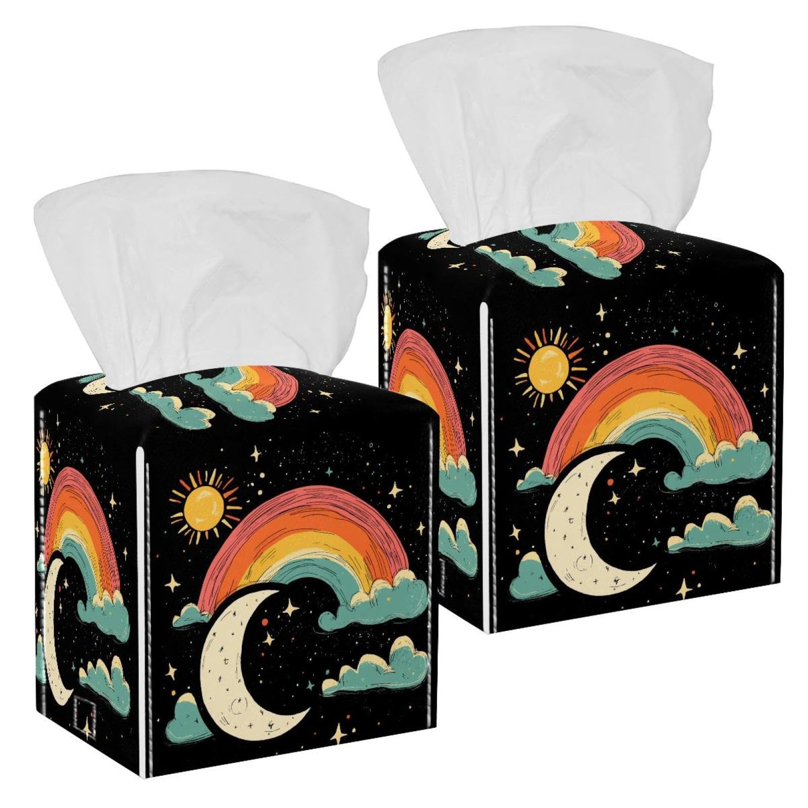 Rainbow and Moon Tissue Box Cover, 2 Pack PU Leather Square Facial Tissue Dispenser Box holder for Home Office Car