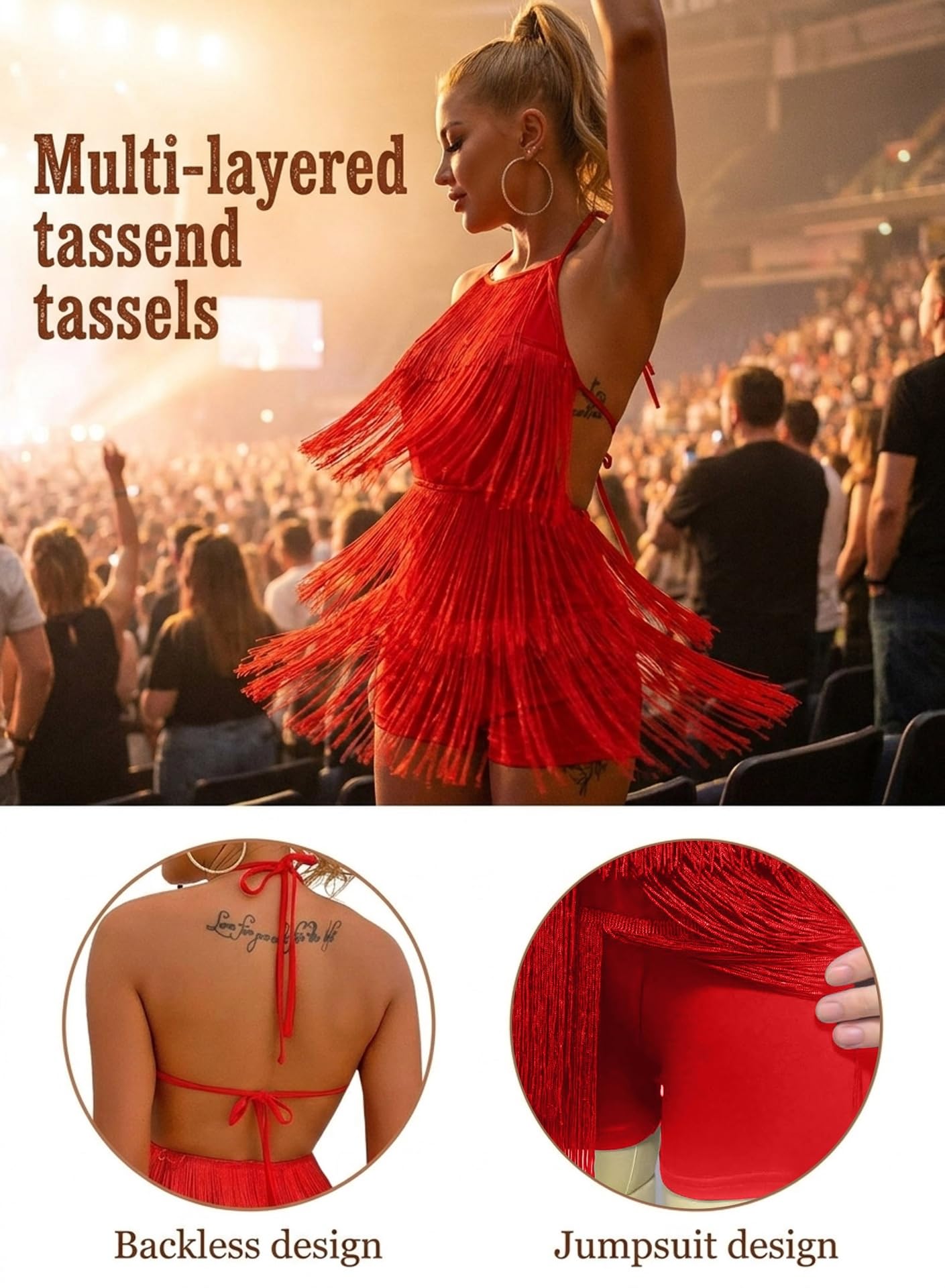 Seksowna sukienka z frędzlami bez pleców - damska sukienka z frędzlami w stylu lat 20. XX wieku, na imprezę, do tańca latynoskiego, Czerwony, XS