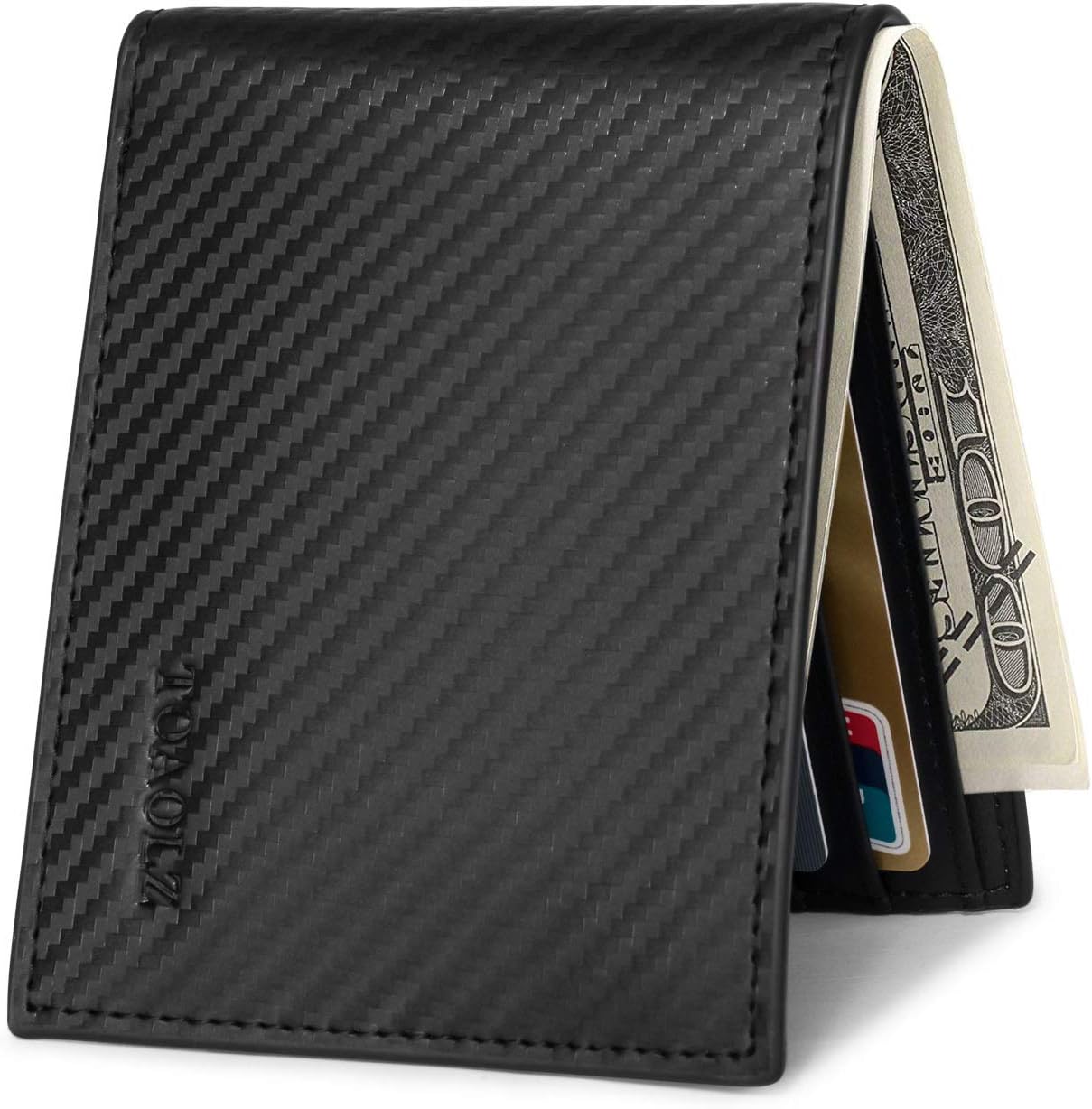 Mens Slim Bi-fold Leather Wallet Front Pocket Credit Card Case Holder for Men with RFID Blocking (Black Carbon Fiber)