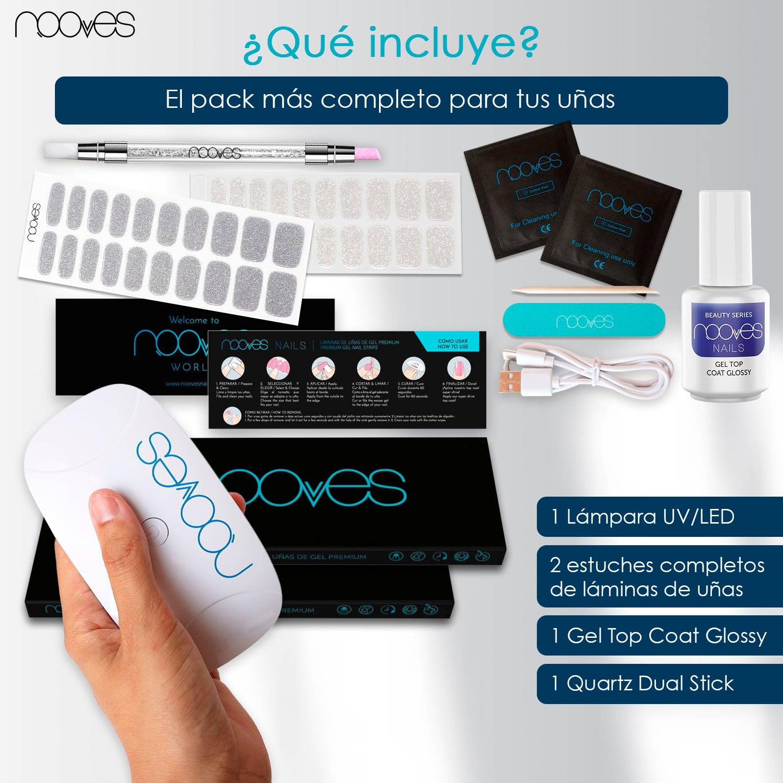 NOOVES Starter Kit: 2 Láminas de Gel + Lámpara Secado + Top Coat + Quartz Dual Stick| 40 uds Beauty Glitter, Semicuradas y Veganas con Lima y Palito de Naranjo