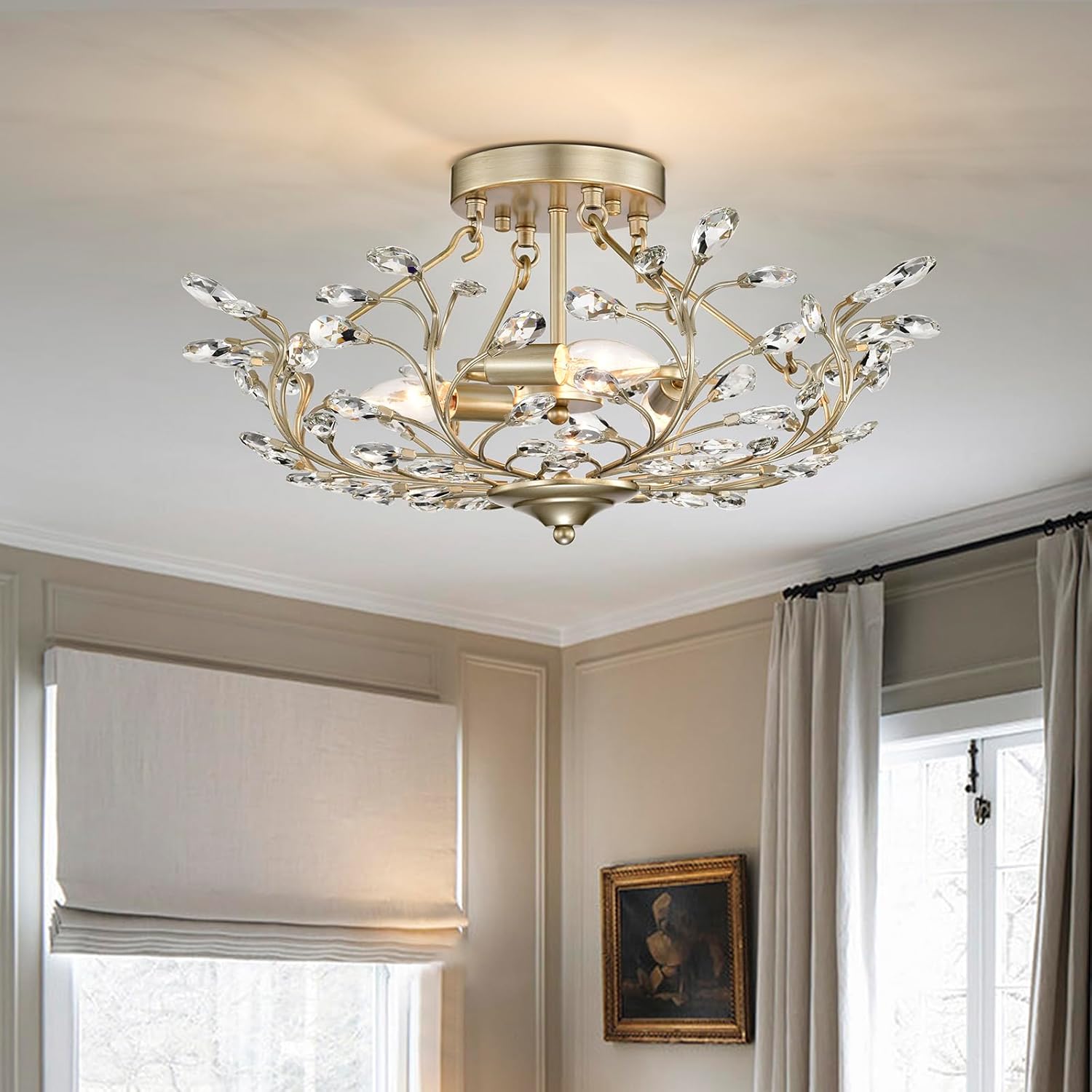 Modern Crystal Chandelier Vintage Semi Flush Mount Ceiling Light Fixture 20.5 Inch 3 Light Brushed Silver Chandelier for Living Room, Dining Room, Bedroom, Kitchen, Entryway, Hallway E12