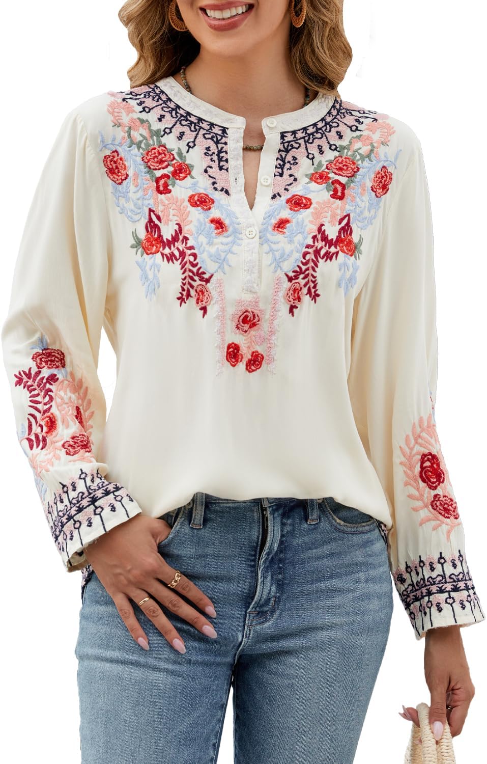 Womens Fall Fashion Long Sleeve Mexican Shirts Embroidered Tops Peasant Blouses Boho Clothes for WomenTrendy - Image 2