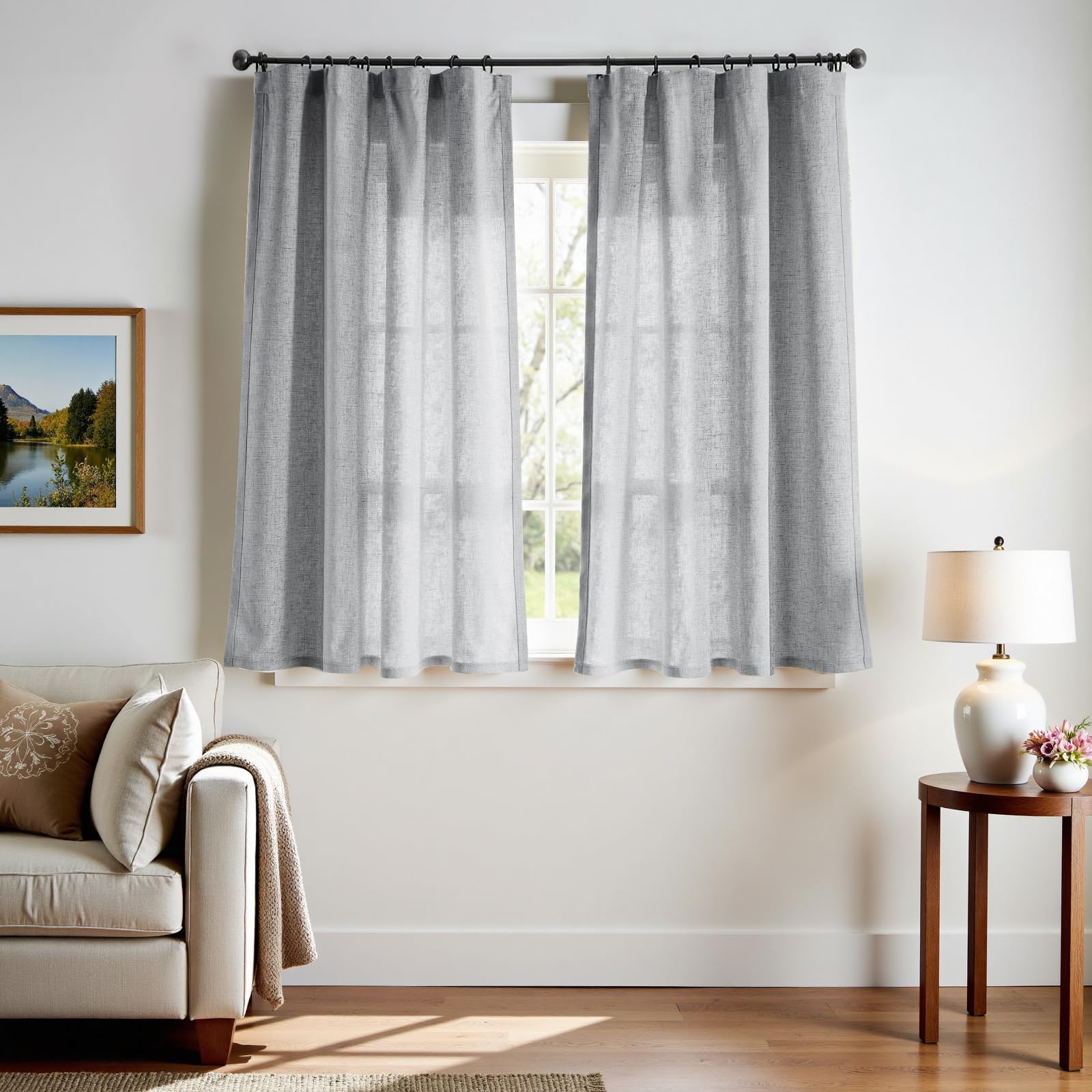 jinchan Grey Linen Blend Curtains 63 inch Length 2 Panels for Bedroom Living Room, Semi Sheer 50 inch Wide Farmhouse Cottage Core Style Drapes with