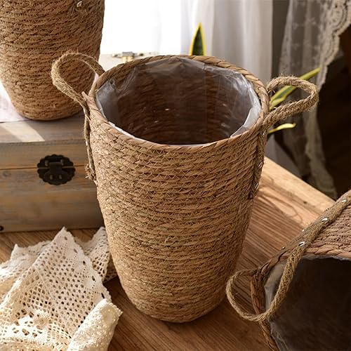 Miniatura 7 de Cesta tejida pequeña, estilo pastoral simple, hermosa maceta para el hogar, papelera tejida de mimbre, papelera y cesta para decoración