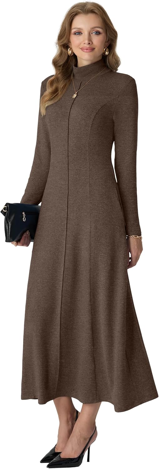 GRECERELLE Women's Spring Fall Casual Mock Neck Long Sleeve Flared Maxi Sweater Dress with Pockets (XS - 3XL) - Image 4