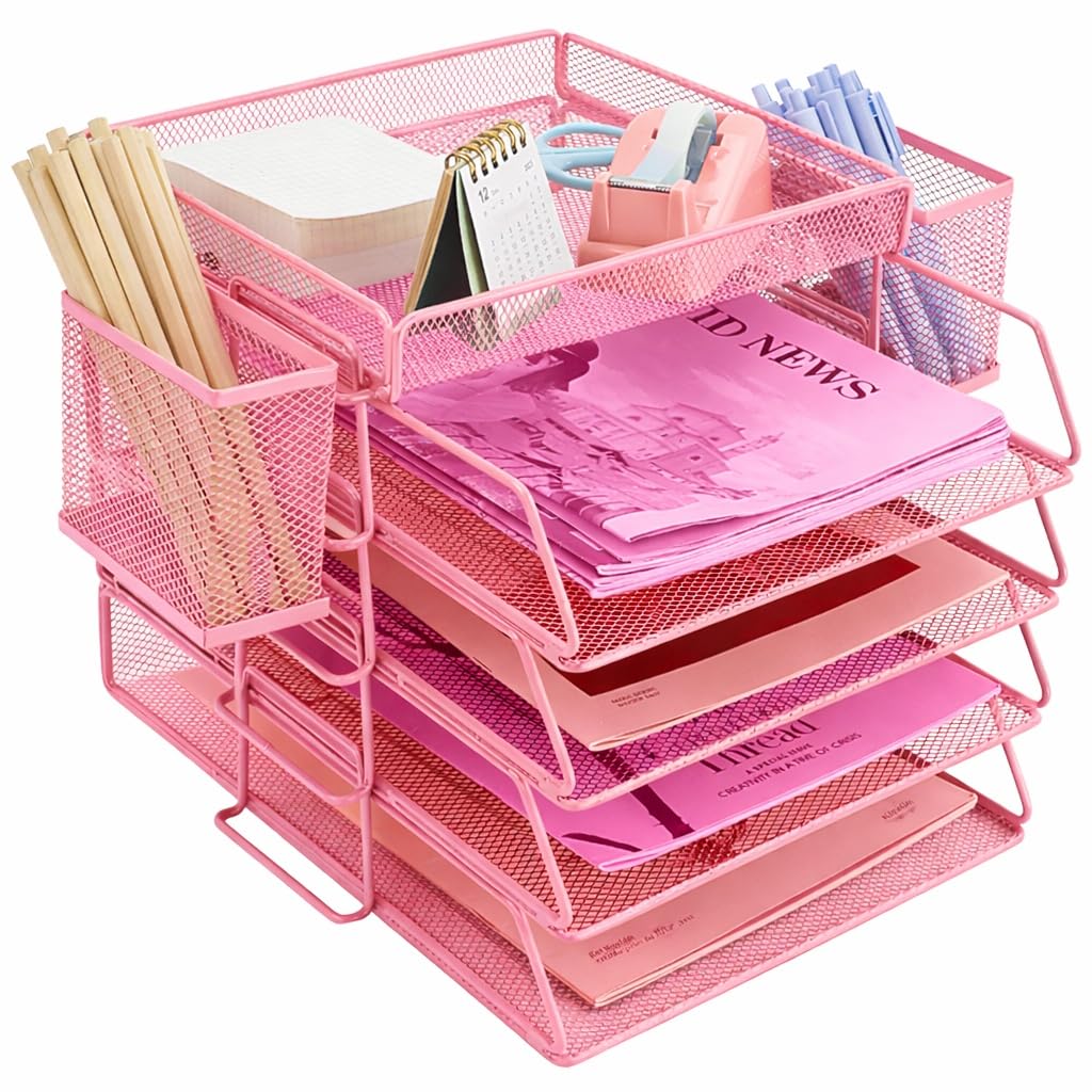 ideallife Letter Trays Stackable with Top Stationery Holder, 4-Tier Metal Desk Organizer Tray, Paper Filing Tray for Office Supplies - Pink