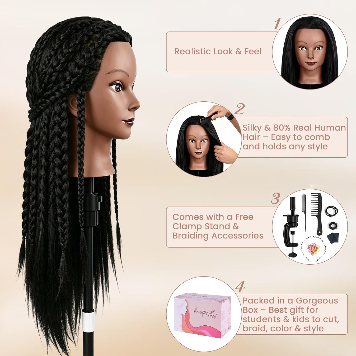 26 Inch 80% Real Hair Mannequin Head with Long Black Hair - Beauty Star Styling & Braiding Practice Doll Head for Cosmetology & Hairdresser Training, Includes Table Clamp Holder and Styling Tools Set