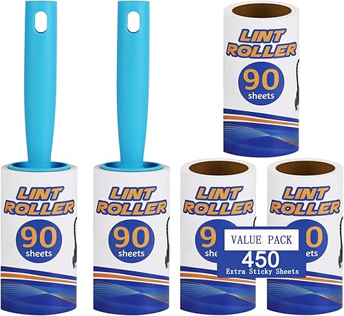 Rodillos de pelusa para pelo de mascotas, repuestos de rodillos de pelusa extra pegajosos, 5 rodillos, 450 hojas con 2 asas reforzadas actualizadas,