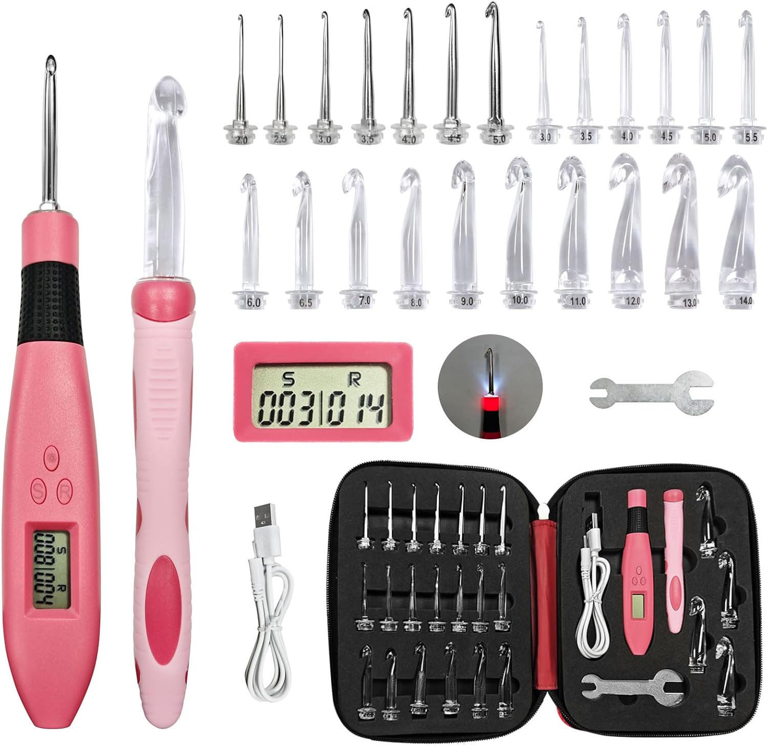24 Size Light Up Crochet Hook Set with Row & Stitch Counter, 2mm-14mm Rechargeable Crocheting Hooks Complete Set with Ergonomic Handle & Red Zipper Case for Women