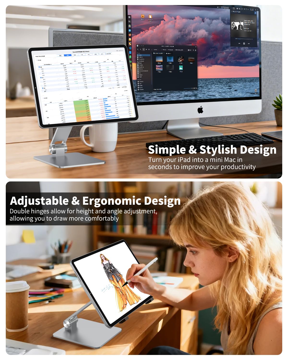 Supporto di ricarica wireless magnetico per iPad, supporto in lega di alluminio a doppia regolazione per ufficio, disegno, compatibile solo con iPad Pro 13" M4 (2024)