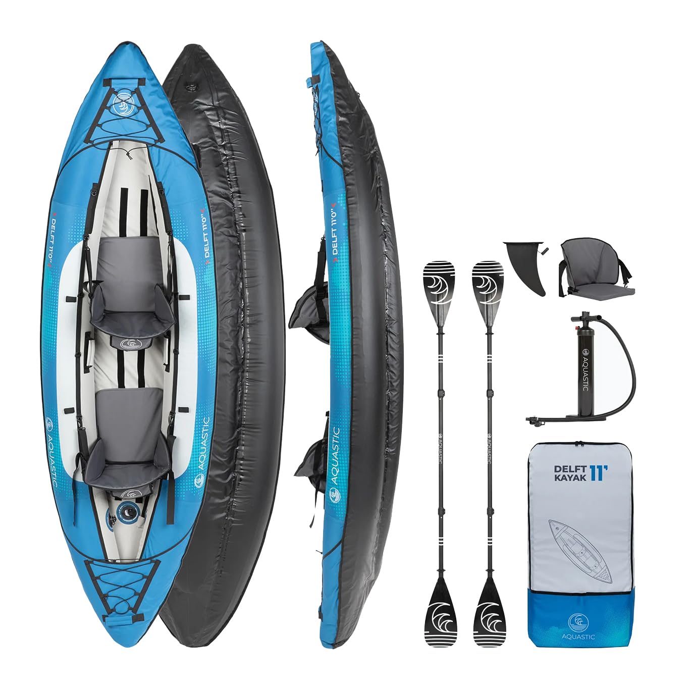 AQUASTIC Kayak Delf 11'0" Kayak gonfiabile per 2 persone in set con due posti, pompa, pinna e copertura da acqua blu con dimensioni 335x96 cm Perfetto per rafting e gite Robusto materiale in PVC