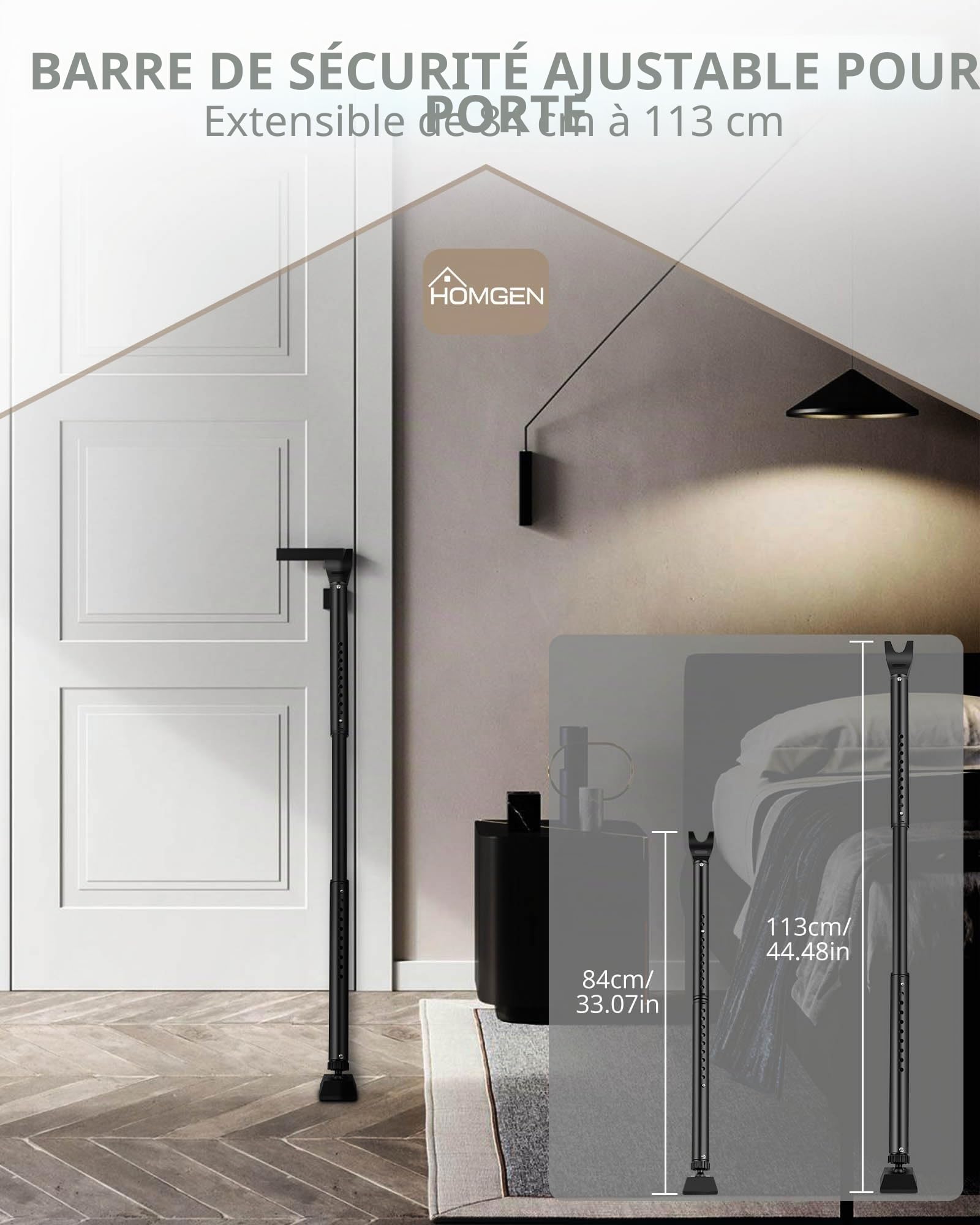 HOMGEN Barre de sécurité réglable pour porte coulissante, barre de verrouillage télescopique haute pour porte française, serrure de terrasse coulissante, noir