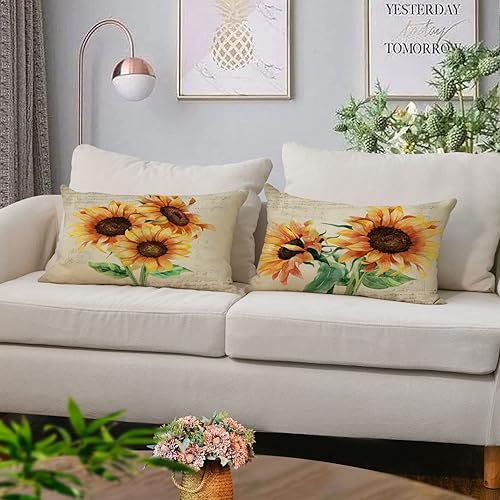 Miniatura 3 de Neatee Living Juego de 4 fundas de almohada decorativas de girasol de 12 x 20 pulgadas, fundas de almohada lumbares de lino, fundas de almohada