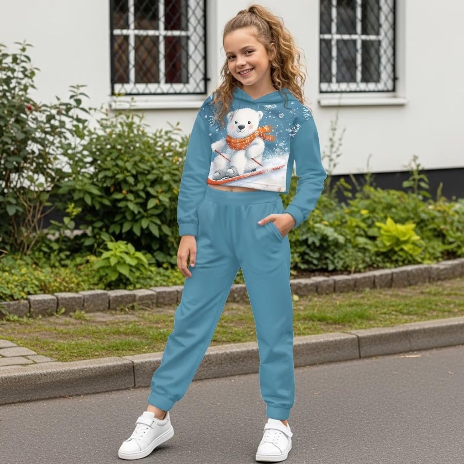 Fashion Girls Sweatsuit Long Sleeve Crop Tops Hoodies and Pants Girls Athletic Sets