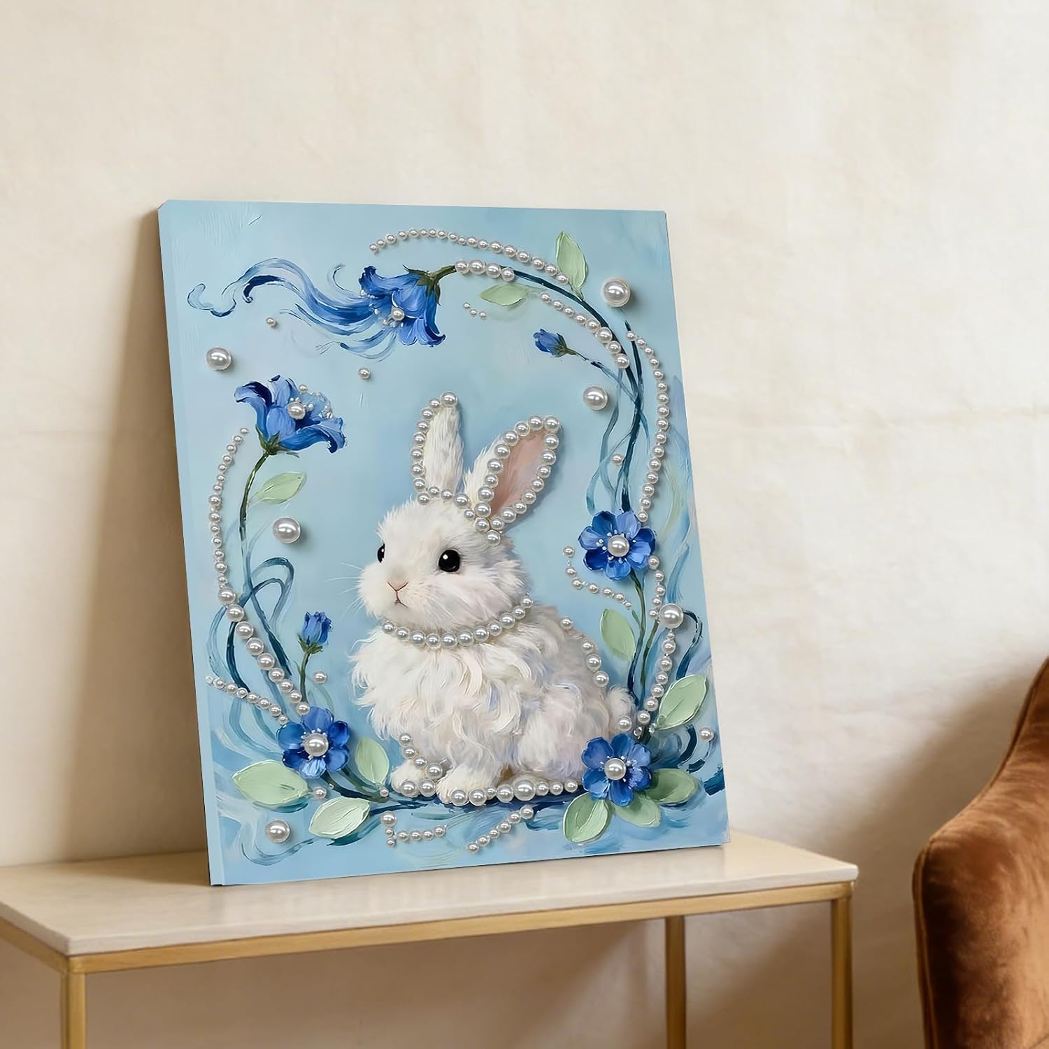 Rabbit DIY Handicraft Pearl Painting Diamond Art Kit Canvas Wall Art with Wood Inner Frame Bedroom Living Room Landscape Home Decor Gift Ready to Hang(11.8"x15.7")