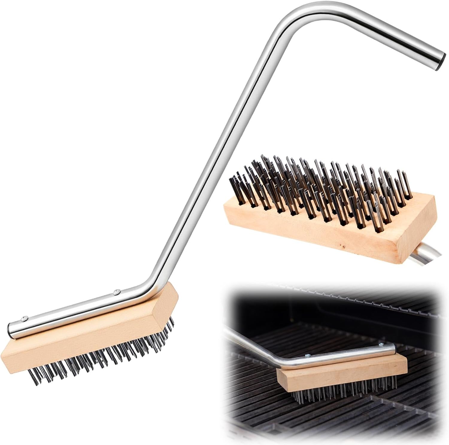 8'' Grill Brush, Commercial Grill Cleaner Brush Heavy Duty Steel Wire Broiler Bristle Brushes for Outdoor, Barbecue Accessories, Durable and Effective