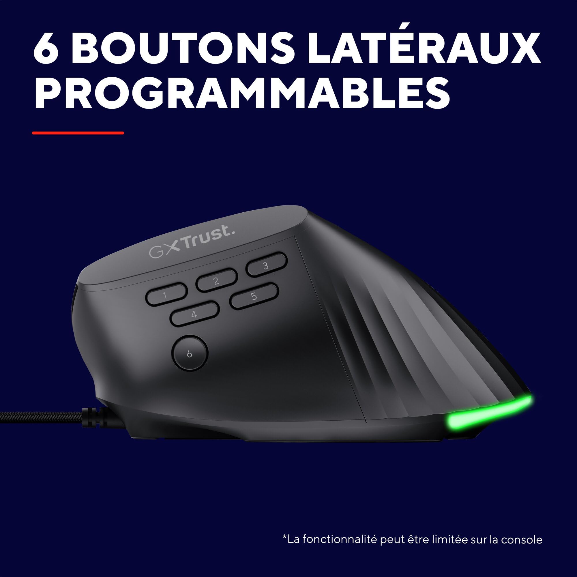 GXTrust Rexxa Souris Gamer Verticale 12.8k DPI, Boutons Programmables, Noir | Souris Ergonomique Gaming Filaire, Éclairage RVB, Câble USB-A 1,7 m, Repose-Pouce, Logiciel Inclus