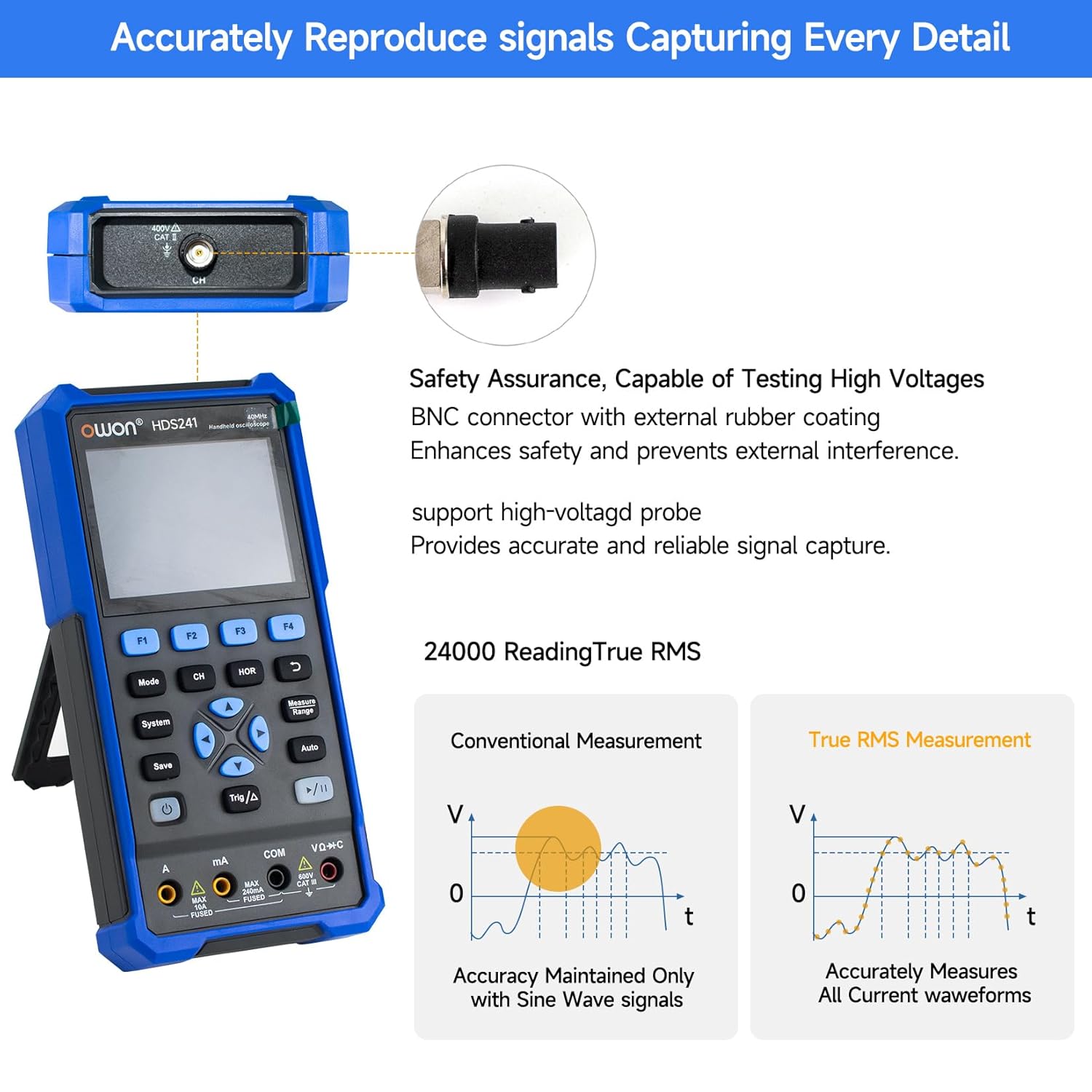 OWON HDS241 BNC connector detail and True RMS measurement comparison.