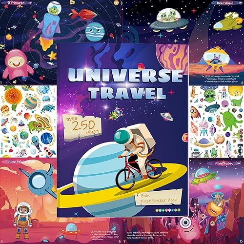 Libro de calcomanías espaciales para niños (más de 250 piezas), 8 escenas divertidas diferentes, calcomanías extraíbles de actividades para niños